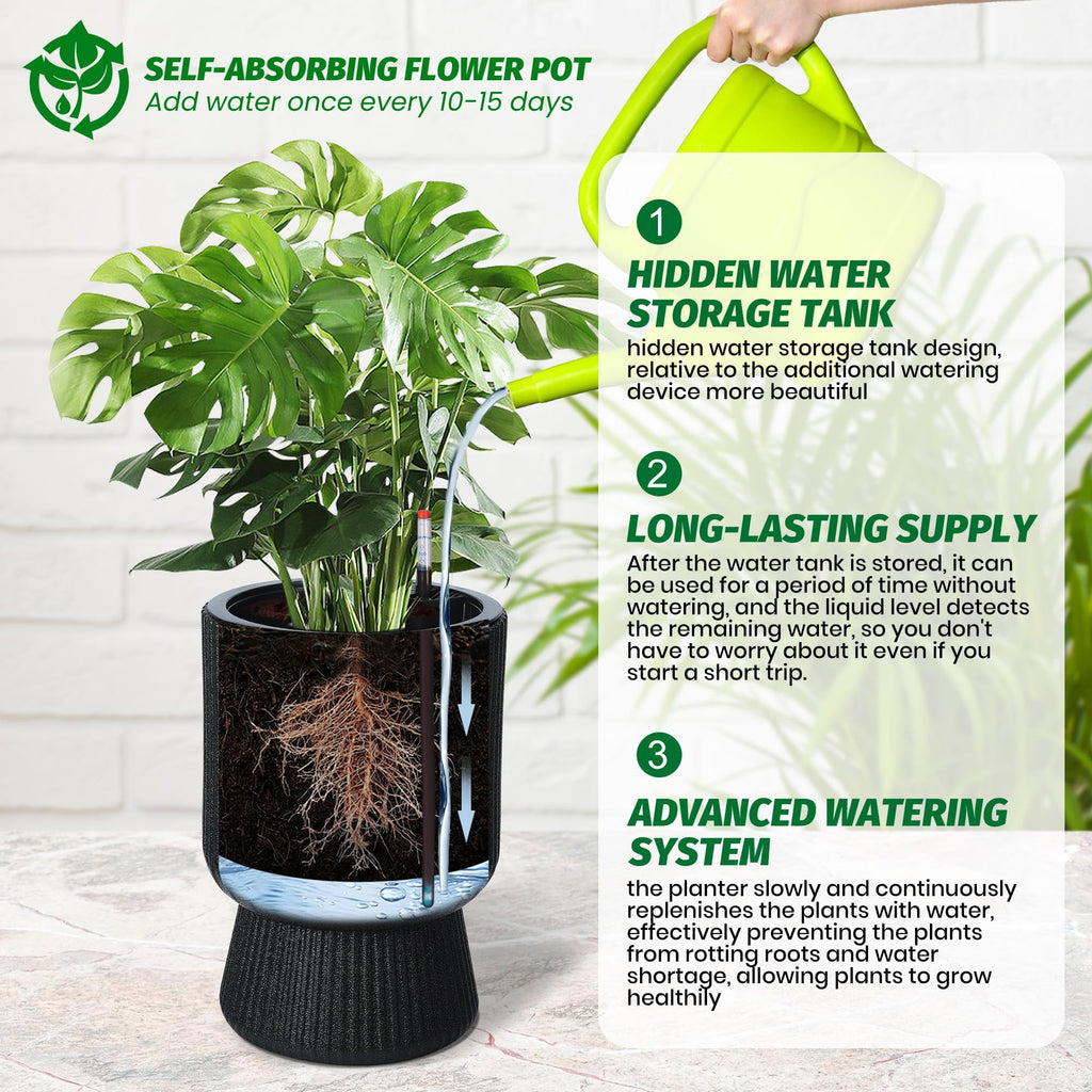 Set of 2 Self Watering Planter Indoor Outdoor, Self Watering Plant Pot, Thickened Large Floor Standing Flower Plant Pot with Water Level Monitor