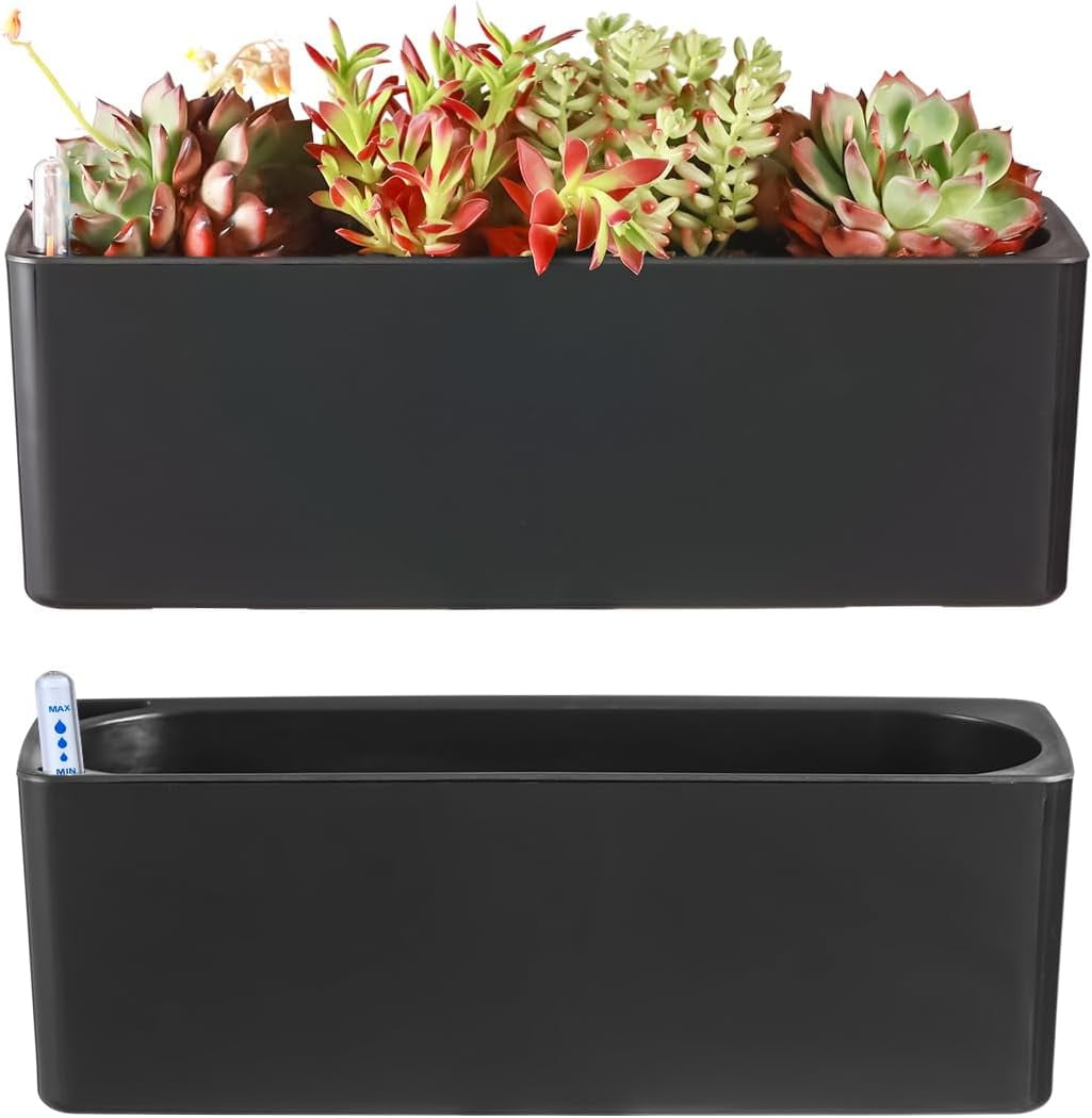 2 Pack Rectangular Self Watering Planters 15.6 x 5.4 in Indoor Plastic Window Sill Plant Pots with Drainage Holes Black