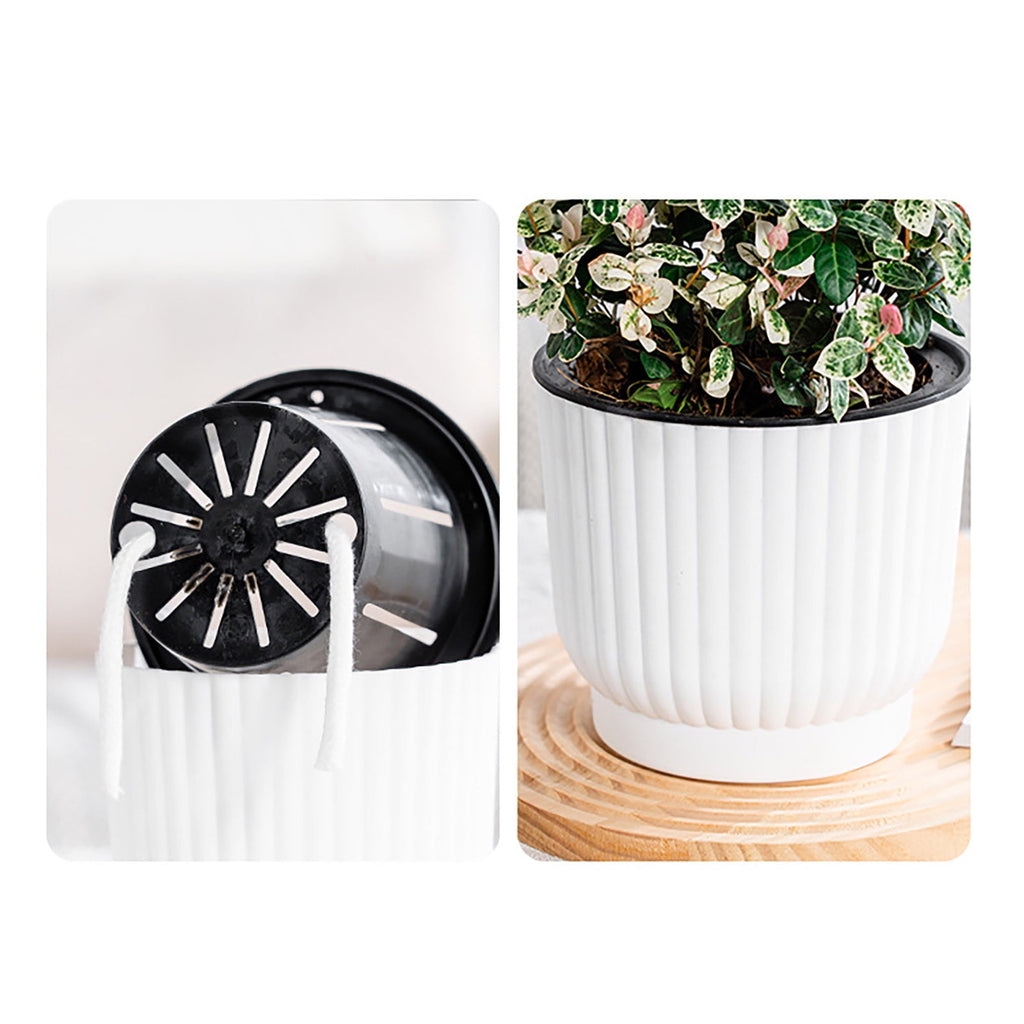 M Medium Self Watering Planter Round Resin Flower Pot With Vertical Pattern For Succulents Roses Tabletop Indoor Plants