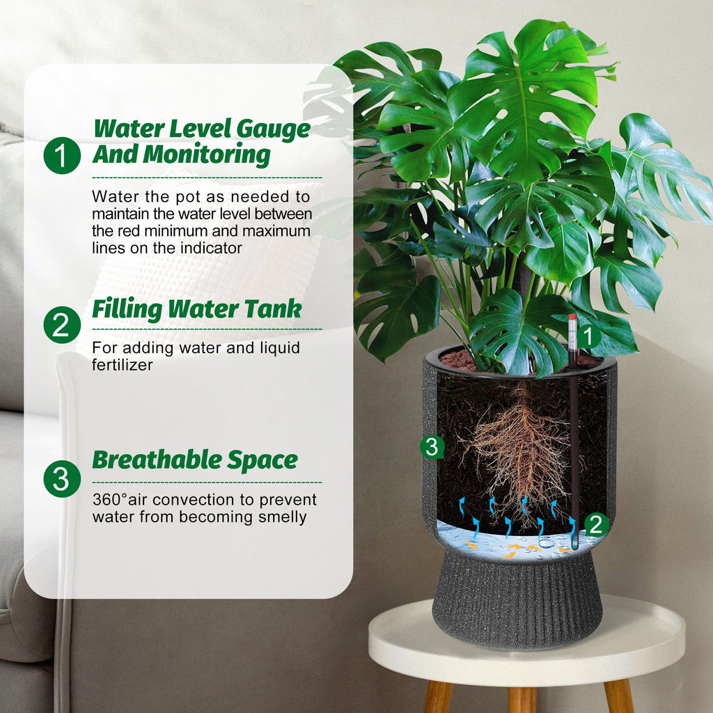 Towallmark 14.2" Planters Set of 2, Self Watering Plant Pots with Inner Bucket and Water Level Monitor, Flower Pots with Drainage Holes for Patio, Porch, Living Room, Home Office, Marble Black