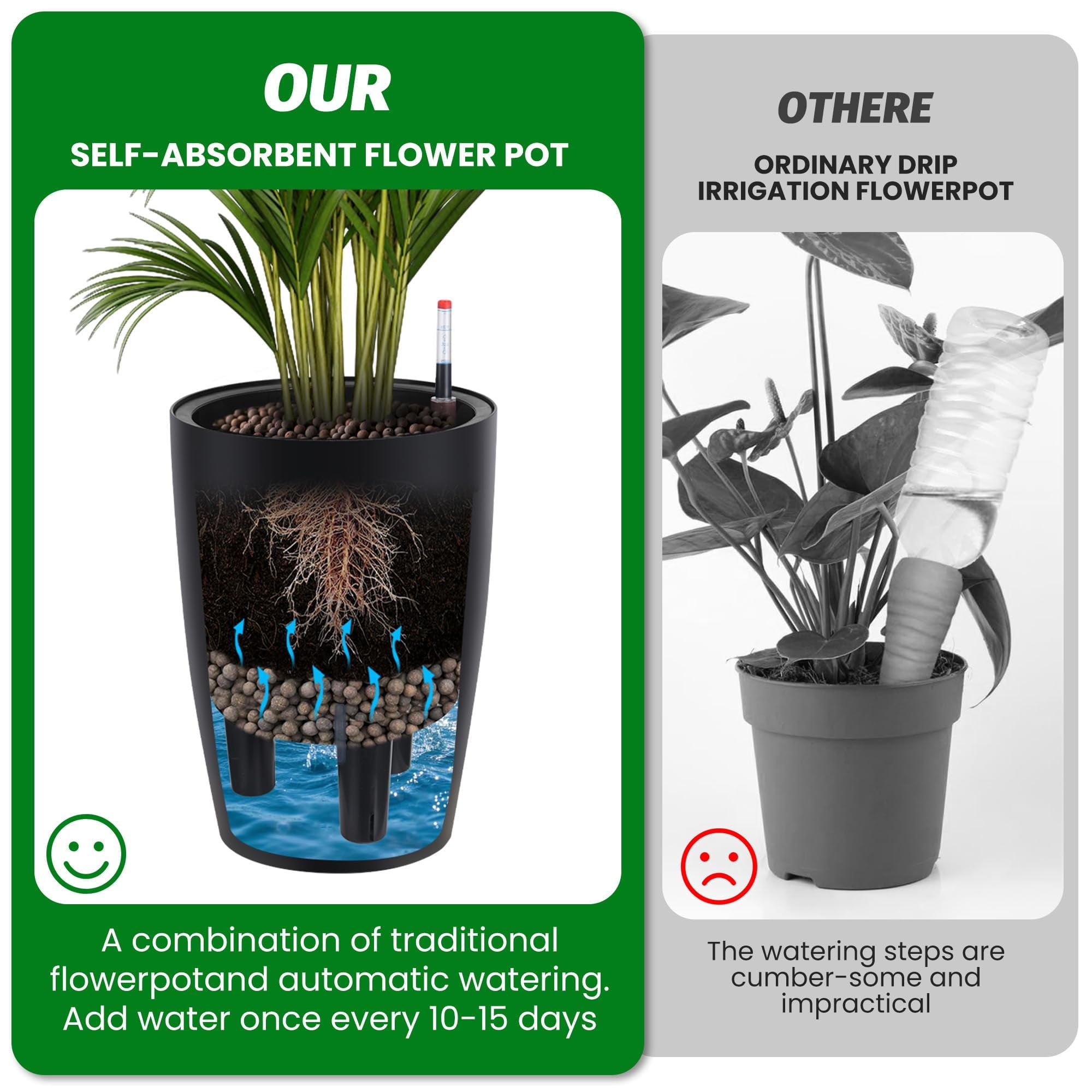 16 Inch Tall Black Planters Set of 4, Self Watering Flower Pots with Drainage System & Water Level Monitor for Indoor Outdoor Patio Home Office Plants