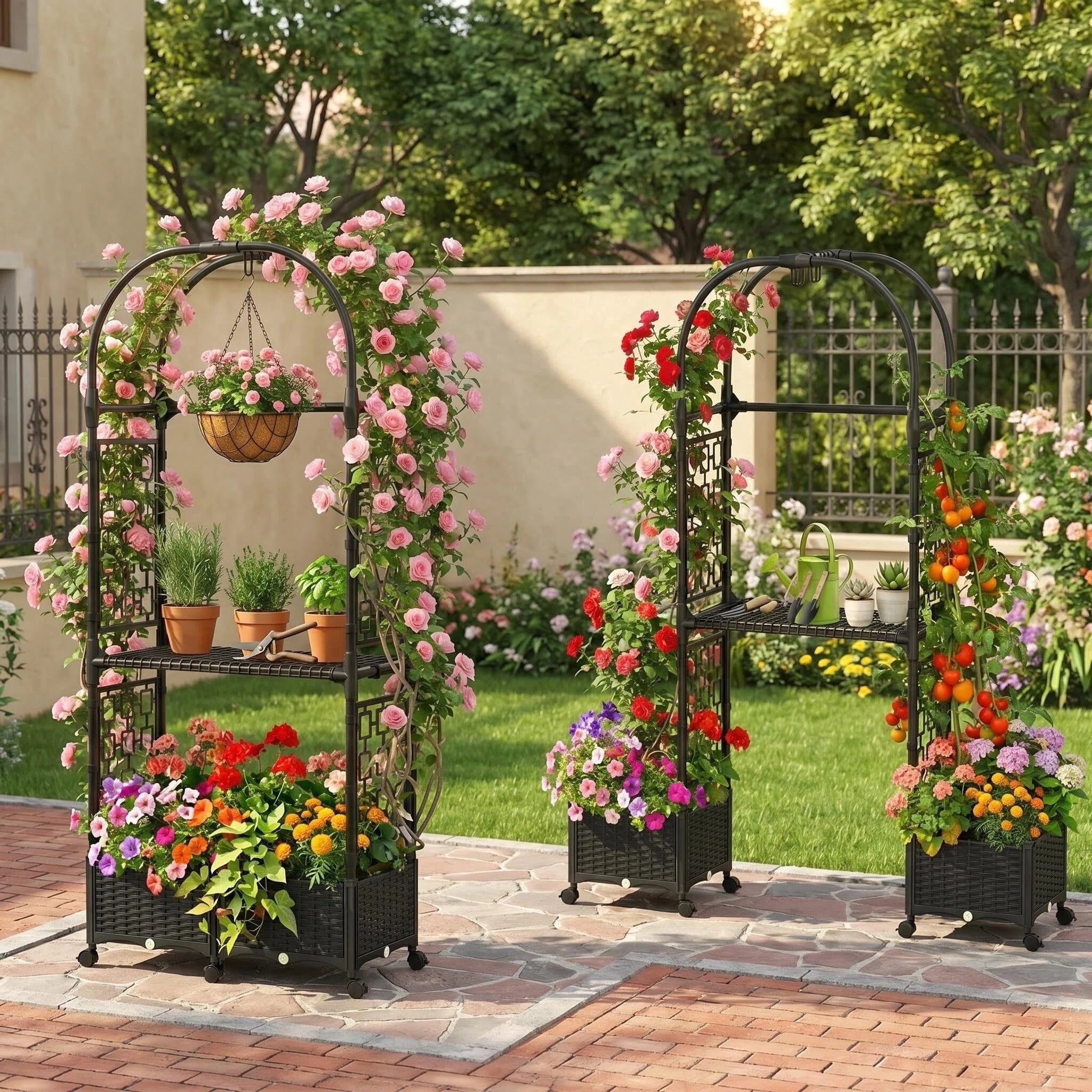Rose Planter Box with Trellis, 63in Self Watering Raised Garden Bed with Wheels, Storage Shelf & Drainage Holes for Climbing Plants, Tomatoes, Vegetables, Indoor Outdoor Patio Garden