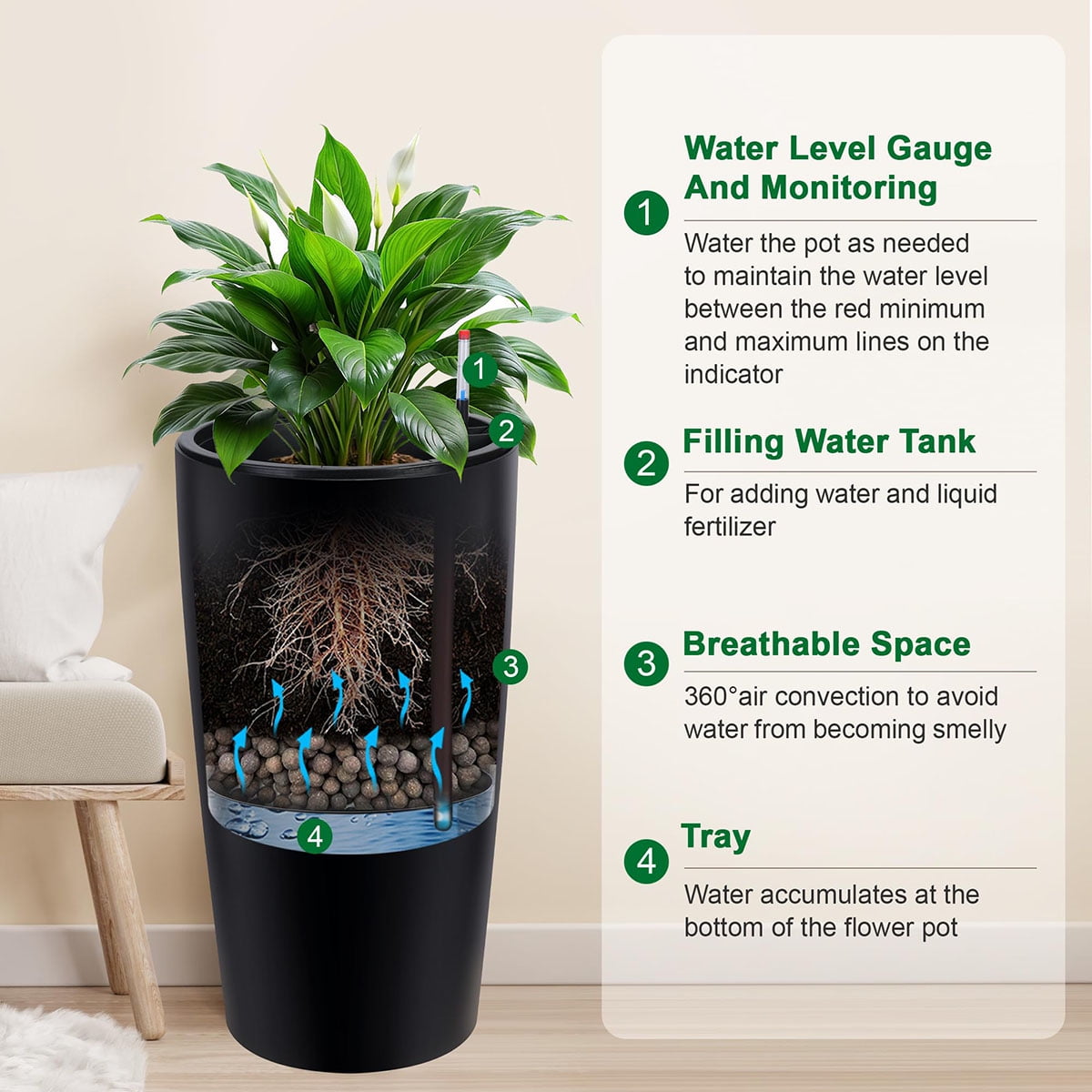 Ataucjin 30 inch Tall Planter Set of 2, Self Watering Pots with Drain Holes, Water Level Monitor & Inner Bucket, Indoor Outdoor Large Flower Pots, Automatic Watering, for Patio, Balcony, Living Room