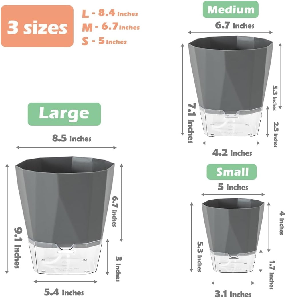NOGIS 4 Pack Self Watering Plant Pots 5" Self Watering Planters for Indoor and Outdoor Plants African Violet Self Watering Pots Clear Pots for Houseplant Pots, Dark Grey (4Pcs 5Inch)