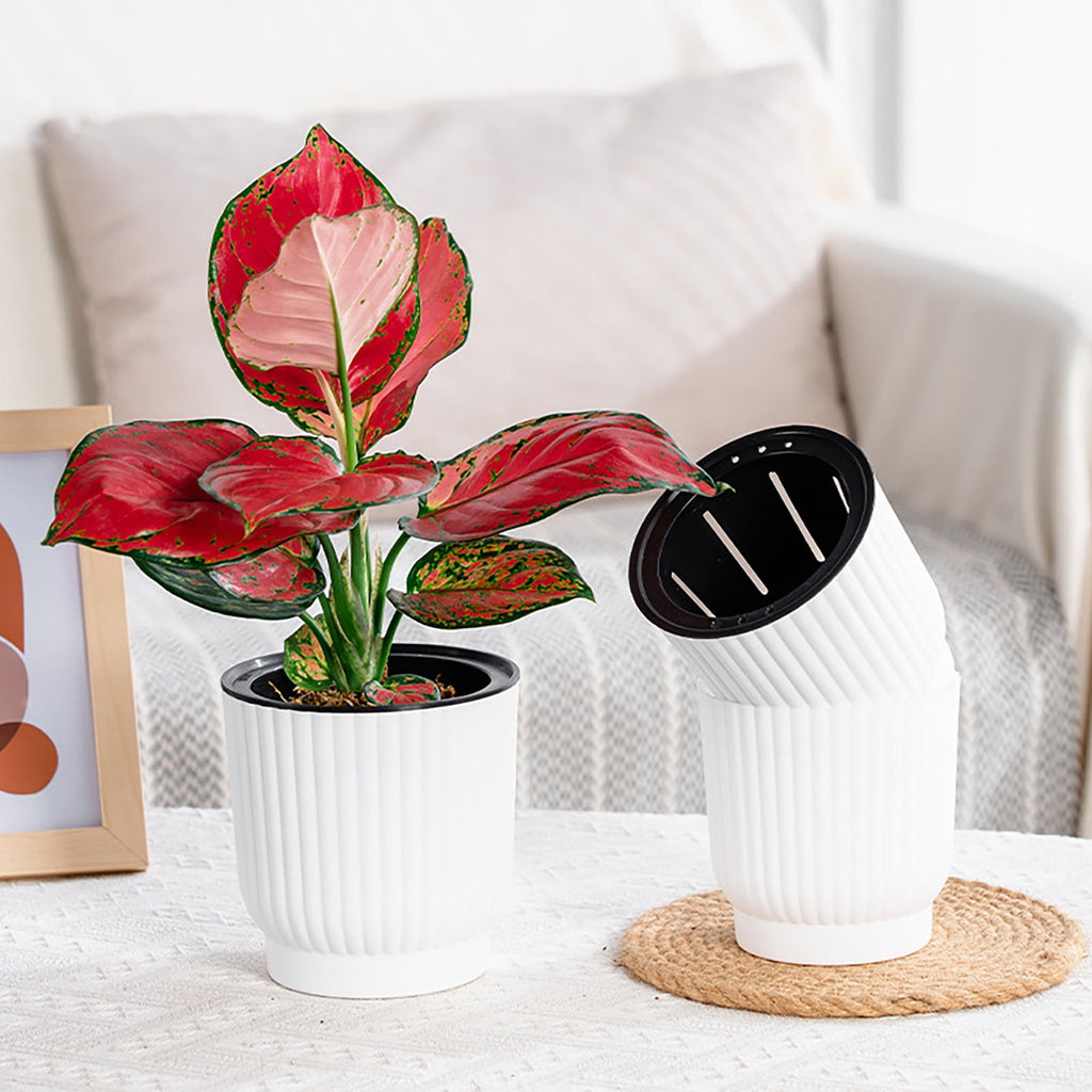 M Medium Self Watering Planter Round Resin Flower Pot With Vertical Pattern For Succulents Roses Tabletop Indoor Plants