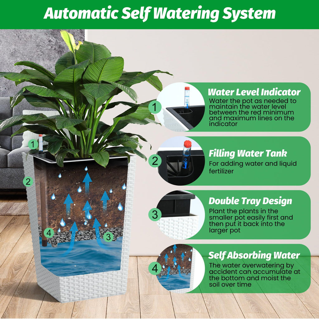 Set of 4 Tall Rattan-Style Self Watering Planters, 16" Indoor Outdoor Plant Pots with Water Level Indicator for Patio & Home, White