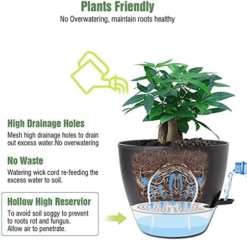 12 inch Large Self Watering Pots, Plastic Planters with 60oZ Removable Deep Reservoir and Multi Mesh Drainage Holes for Indoor Outdoor Garden Plants and Flowers, Black