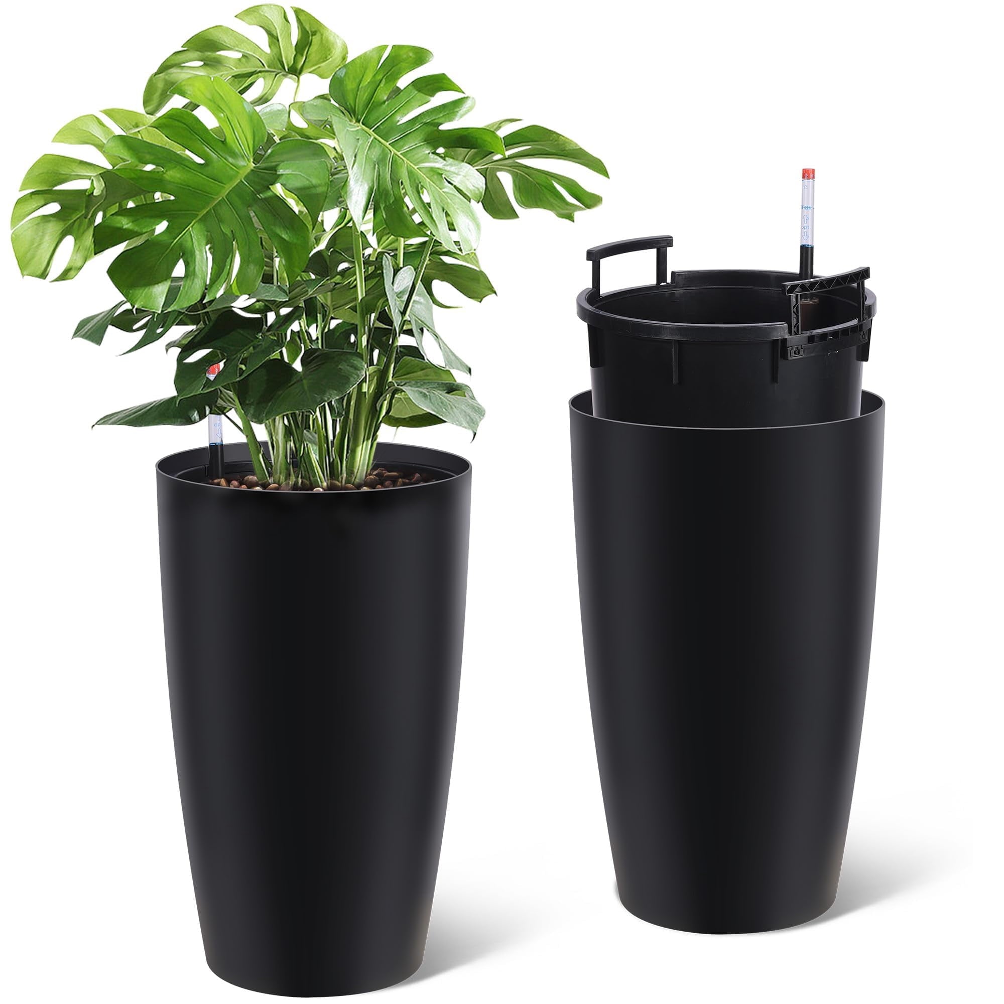 22" Tall Planters Set of 2,Outdoor Indoor Self Watering Pots with Built-in Drainage & Water Level Monitor,Perfect for Patio, Balcony, Living Room