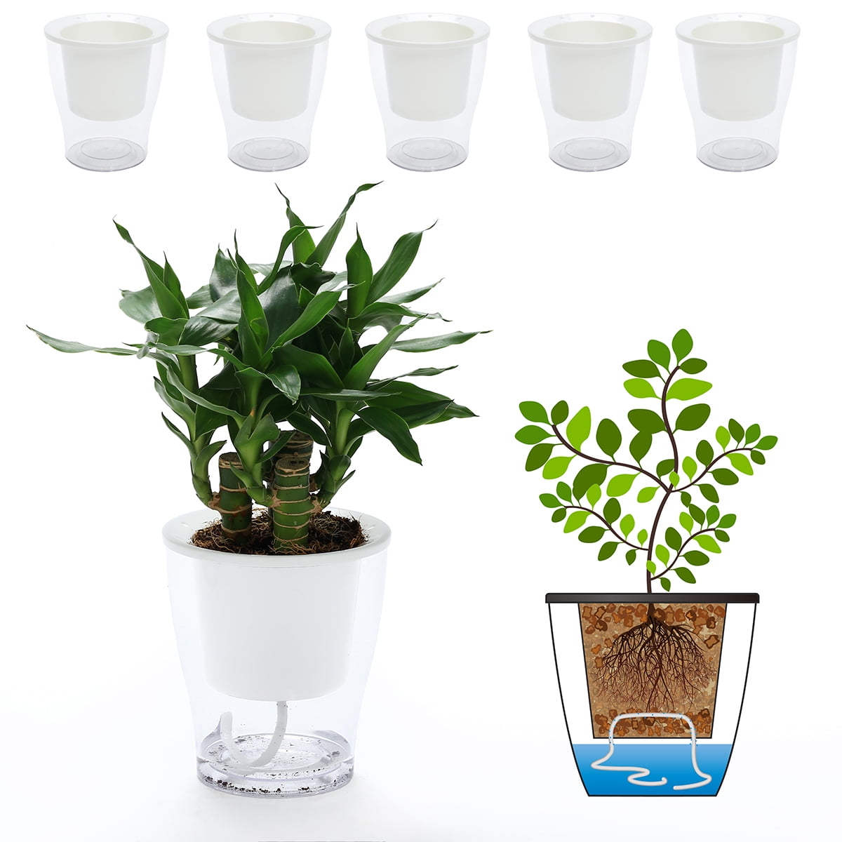 5 Packs 4.3 Inches Clear Self Watering Planters Plastic Self Watering Pots Wick Flower Pots for Indoor Plants, African Violet, Ocean Spider Plant, Orchid, Clear and White