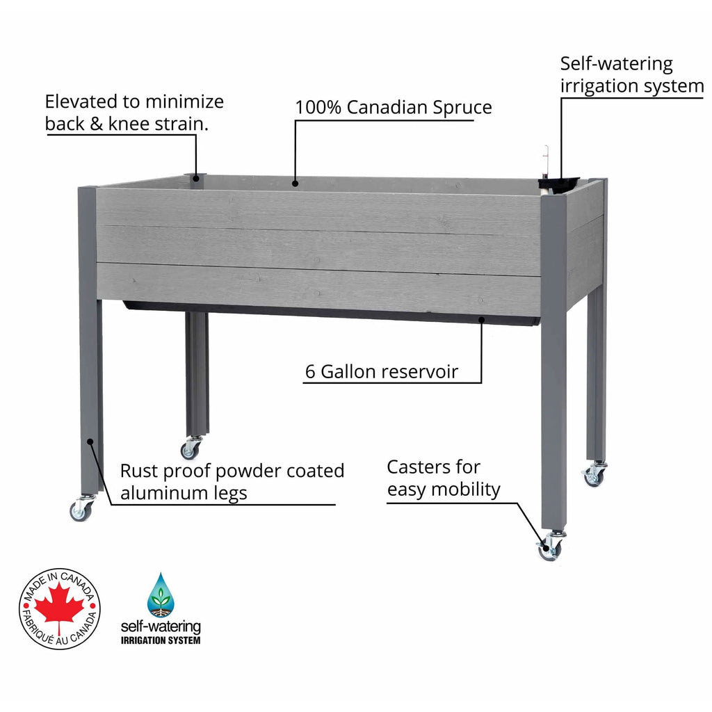 CedarCraft Self Watering Elevated 21"L x 47"W x 32"H Planter w/Wheels, Gray