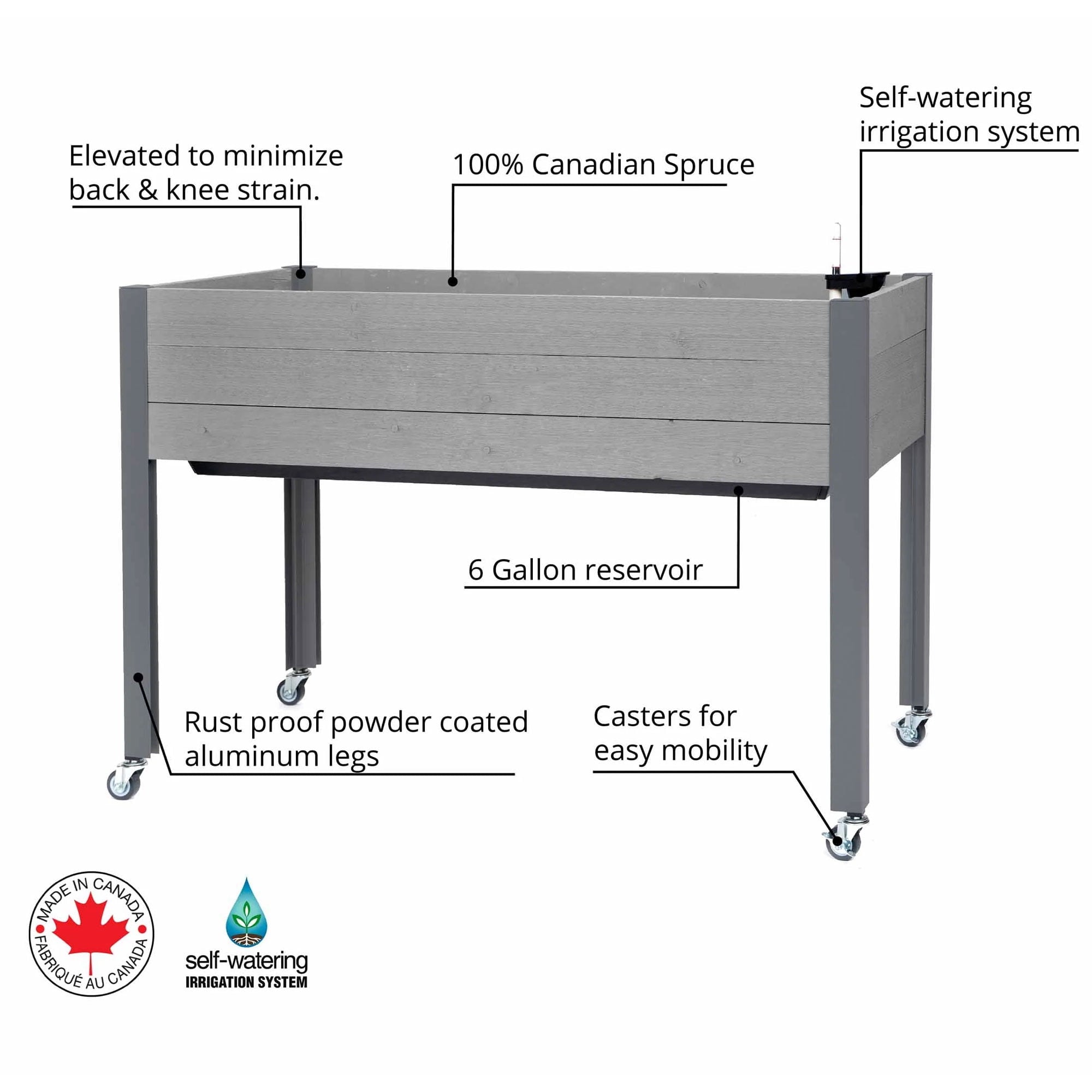 CedarCraft Self Watering Elevated 21"L x 47"W x 32"H Planter w/Wheels, Gray