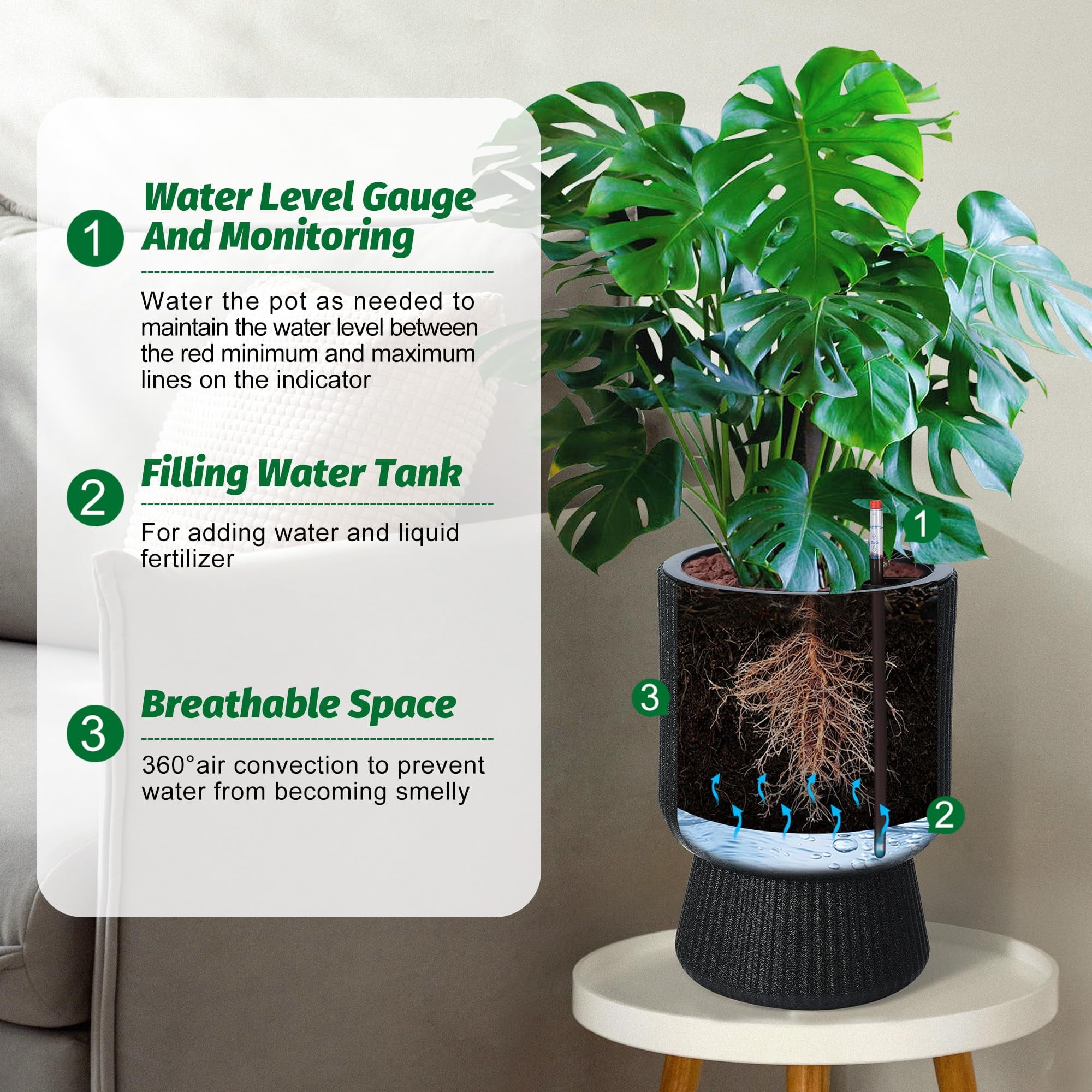 Kojooin 14.2" Planters Set of 2 – Self Watering Flower Pots with Drainage Holes & Water Level Monitor for Patio, Home, Office, Porch, Living Room