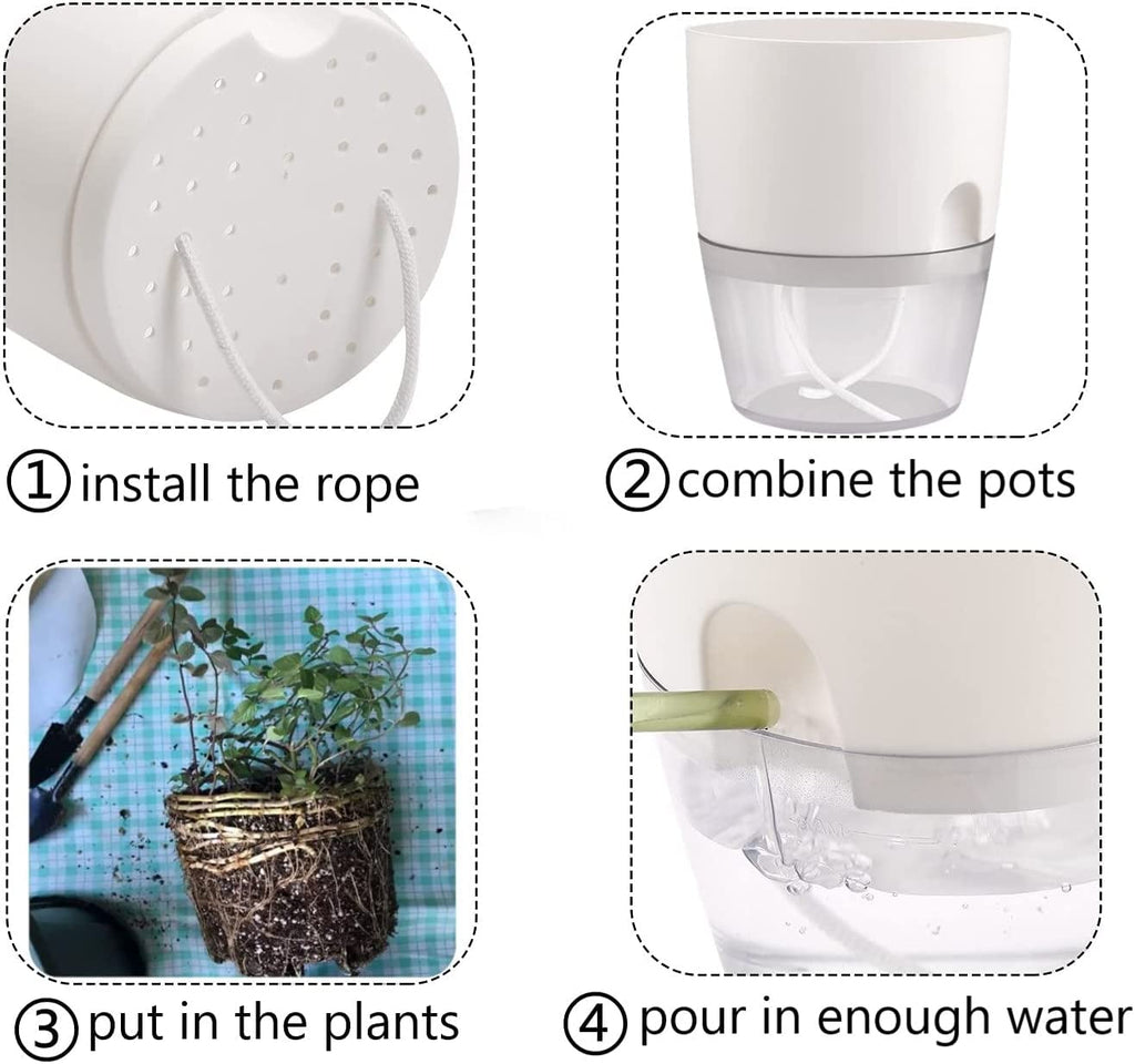 Chainplus 3 Pack Self Watering Planter Pots for Indoor Plants, 6 Inch African Violet Pots with Wick Rope,White