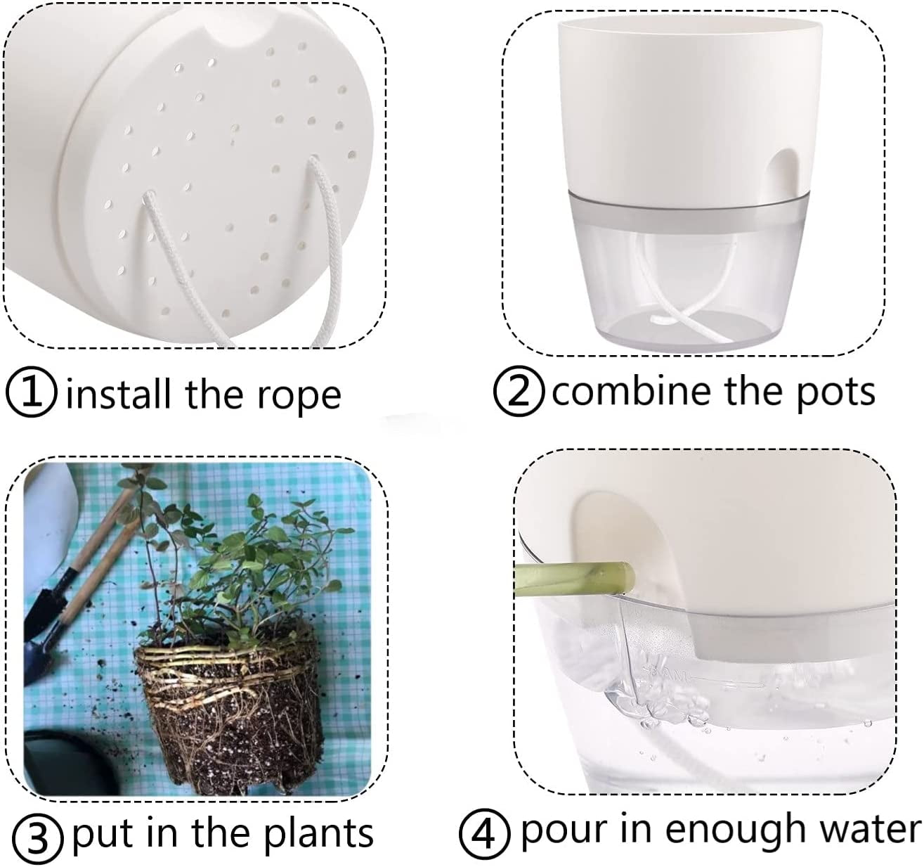 Chainplus 3 Pack Self Watering Planter Pots for Indoor Plants, 6 Inch African Violet Pots with Wick Rope,White