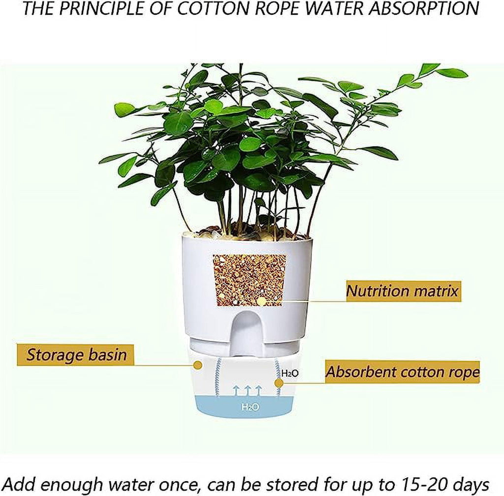 Tutuviw 6 Inch Self Watering Planter Indoor Plants Flower Pots Outdoor with Wick Rope-White