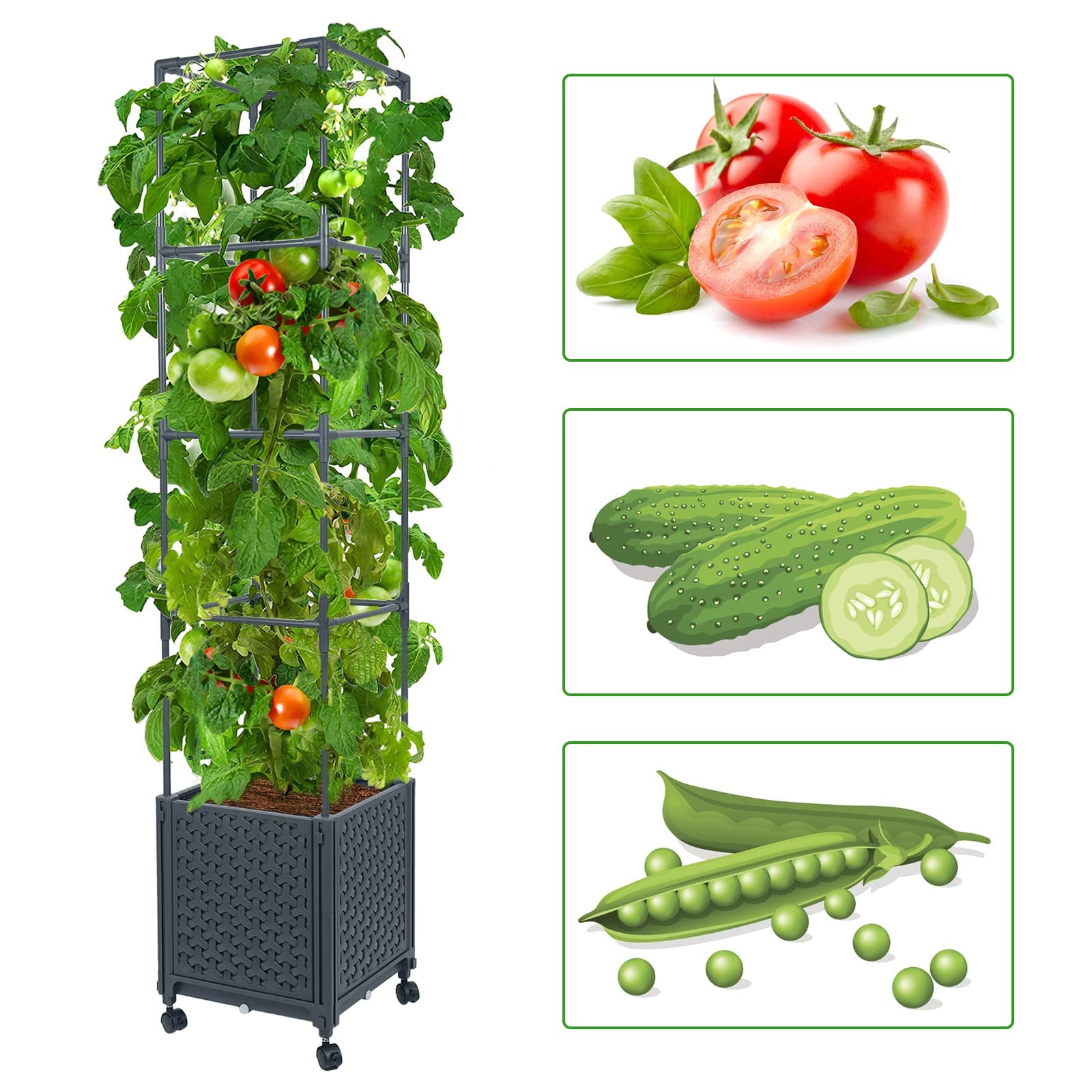 DXRONT Raised Garden Bed Planter Box with Trellis, 56.7” Tomato Planters for Climbing Plants Vegetable Vine Flowers Outdoor Patio, Tomatoes Cage w/ Self-watering & Wheels
