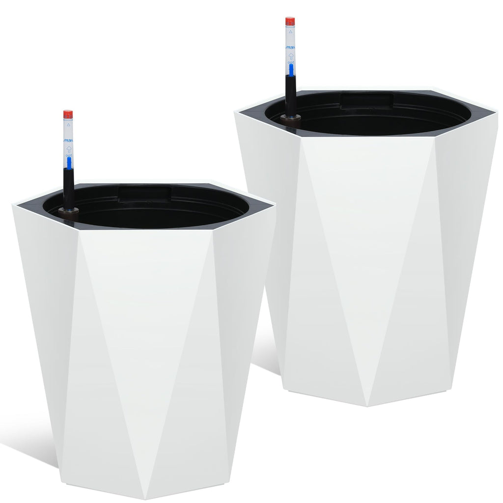 Kojooin 16 Inch Tall Diamond Planters Set of 2, Self Watering Planters with Water Level Monitor and Wheels, Flower Pots Outdoor and Indoor for Patio, Porch, Living Room, Home Office