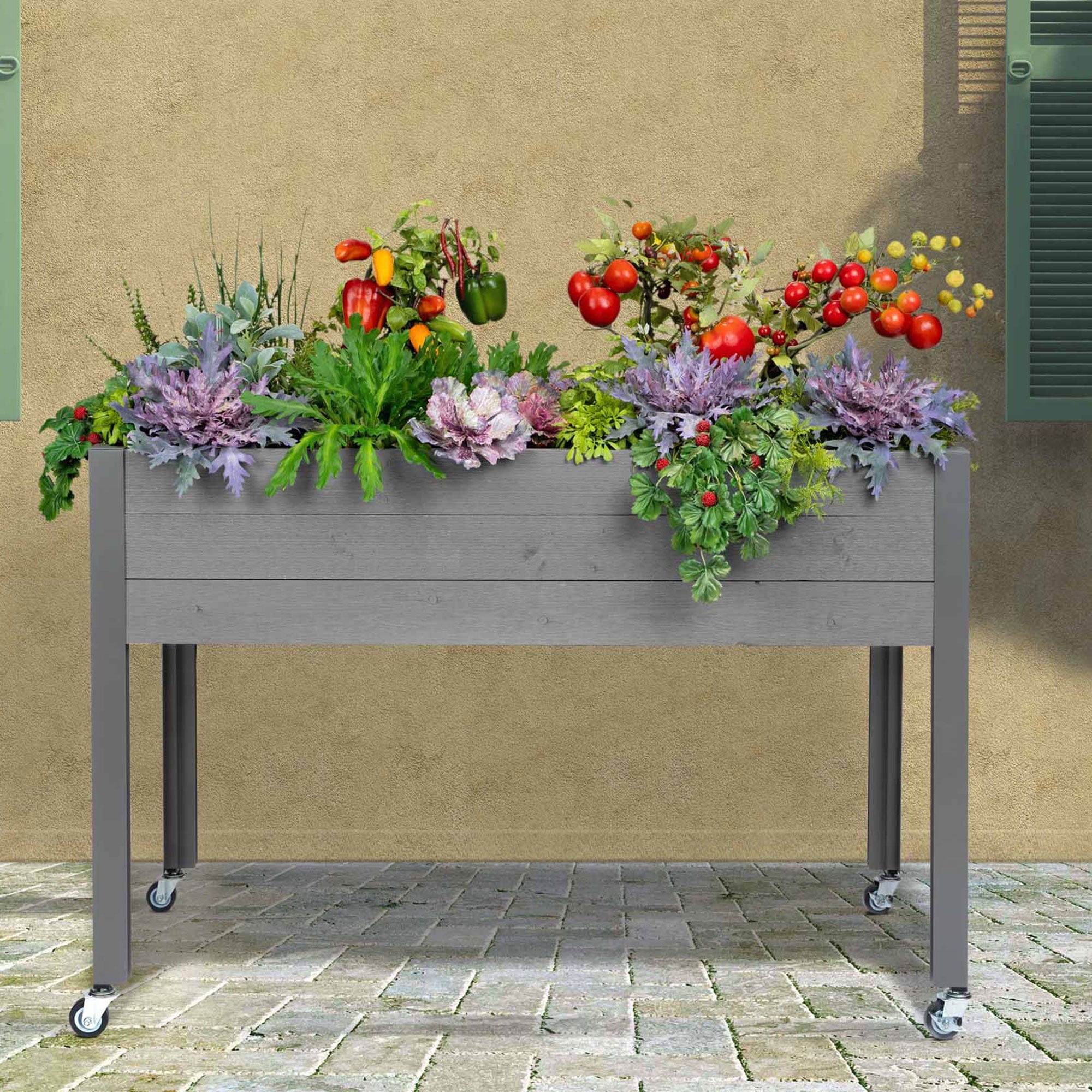 CedarCraft Self Watering Elevated 21"L x 47"W x 32"H Planter w/Wheels, Gray