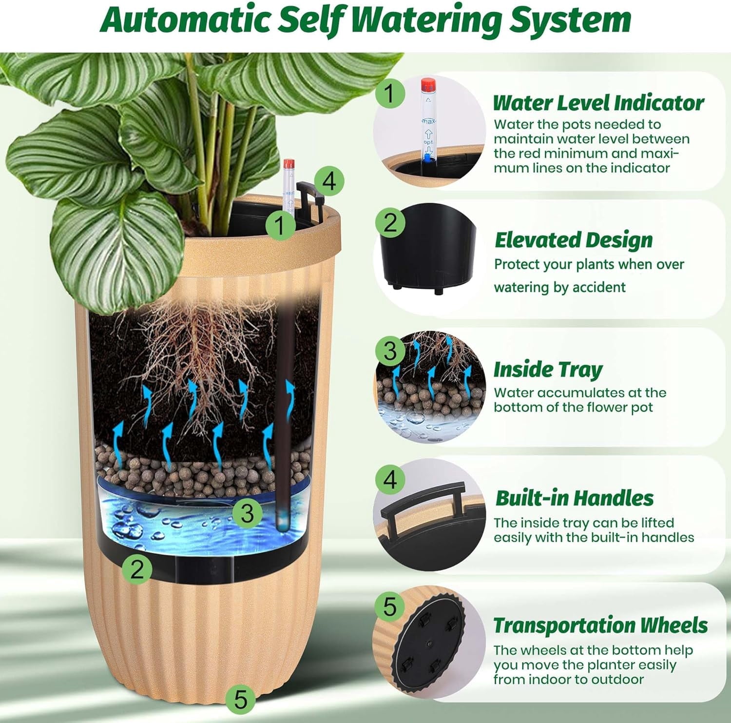 14.5"/23"/31" Tall Planter with a Water Level Monitor, Self Watering System and Wheels, Medium Flower Pots for Living Room, Bedroom Office, Patio, Porch, Garden