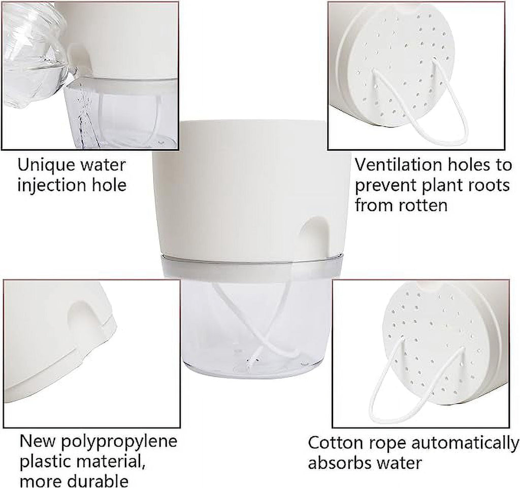 Tutuviw 6 Inch Self Watering Planter Indoor Plants Flower Pots Outdoor with Wick Rope-White