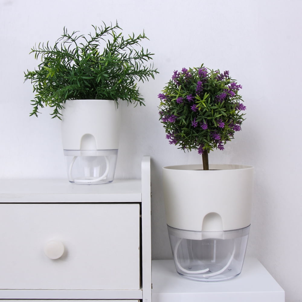 Trianu Self Watering Planter for Indoor Plants, 6 inch Clear Plastic Violet Flower Pots, Round Watering Plant Pot for Plants, Orchid, Succulents, Herbs, White