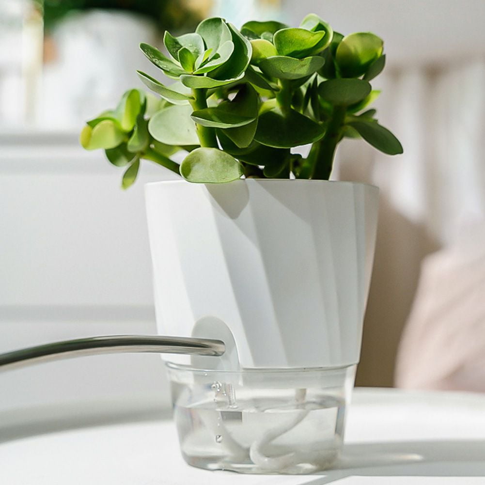 4 Inch Design Self Watering Planter for Indoor Plants, White Terracotta Pots with Cylinder Glass Cup White Extra Large