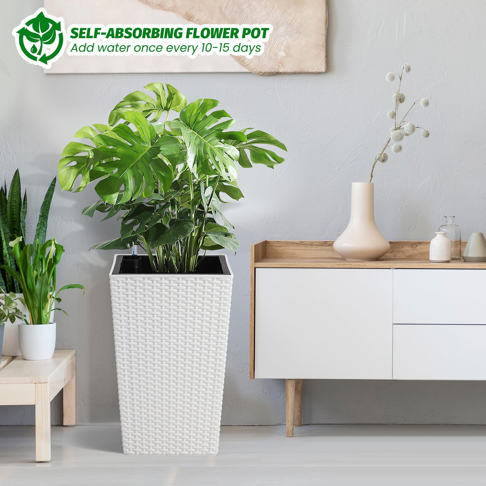 Set of 4 Tall Rattan-Style Self Watering Planters, 16" Indoor Outdoor Plant Pots with Water Level Indicator for Patio & Home, White
