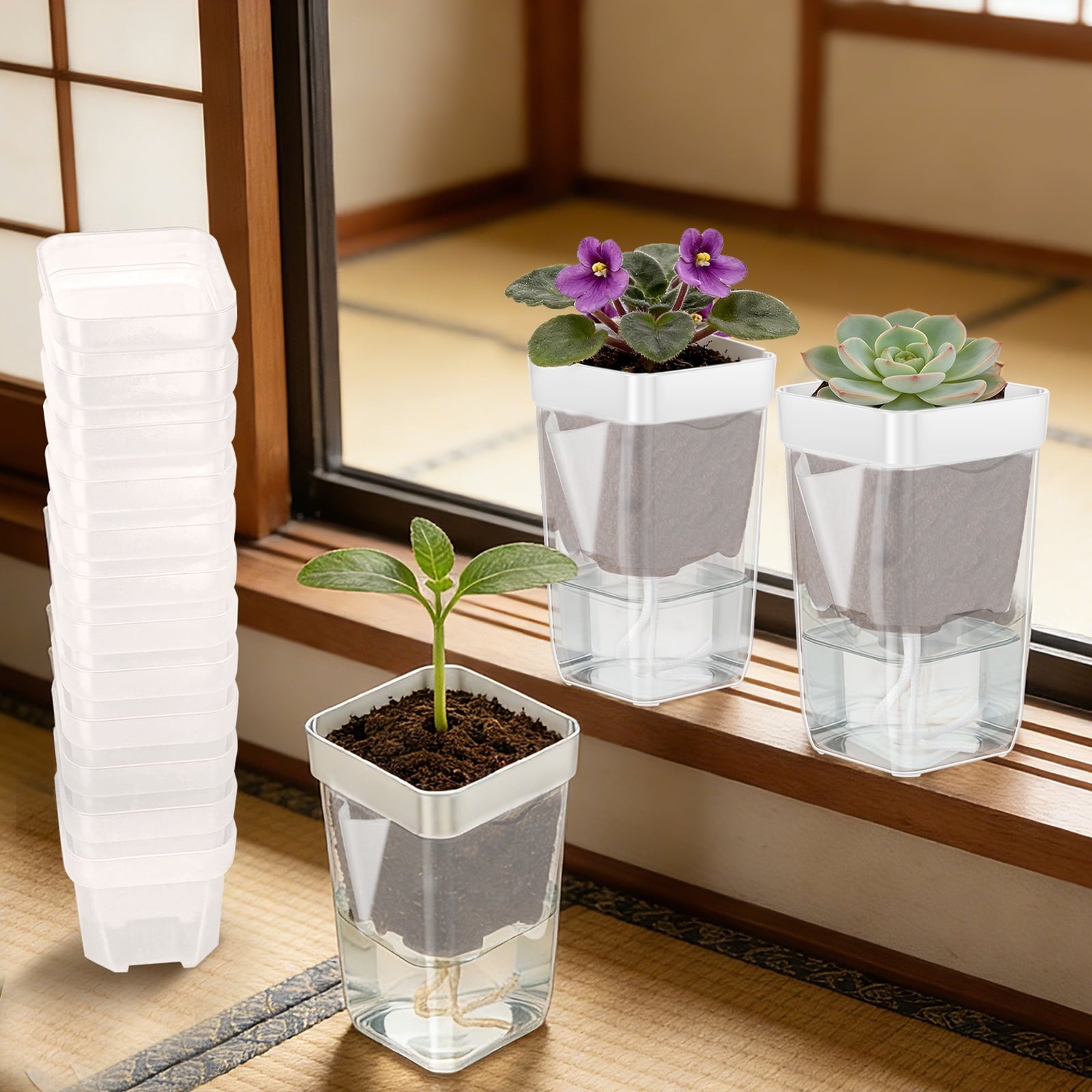 12 Pack Self Watering Plant Pot Mini Self Watering Pot for Indoor Small Clear Plastic Planter for Propagation Cutting Seeding with Reservoir Drainage Holes and Labels