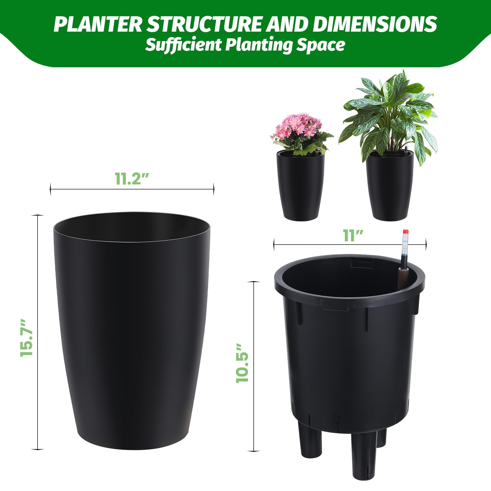 16 Inch Tall Black Planters Set of 4, Self Watering Flower Pots with Drainage System & Water Level Monitor for Indoor Outdoor Patio Home Office Plants