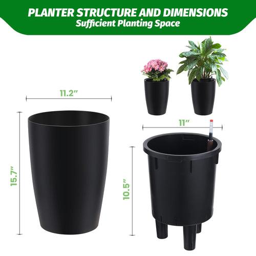 16 Inch Tall Black Planters Set of 4, Self Watering Flower Pots with Drainage System & Water Level Monitor for Indoor Outdoor Patio Home Office Plants