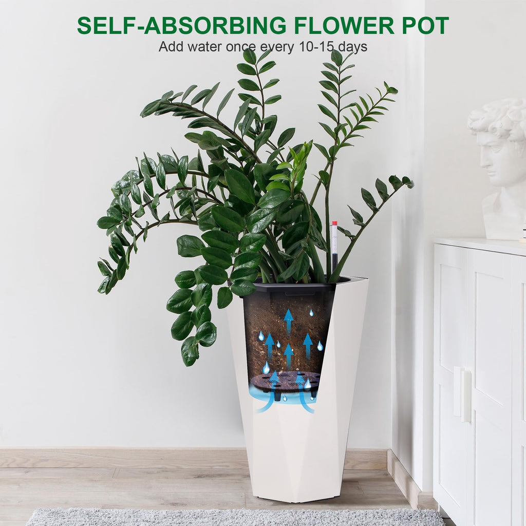 23 Inch Tall Outdoor Planters Set of 2, Self Watering Pots for Indoor Plants with Water Level Monitor & Drainage Hole & Wheels, Large Planter Pots for Garden, Patio, Balcony, White