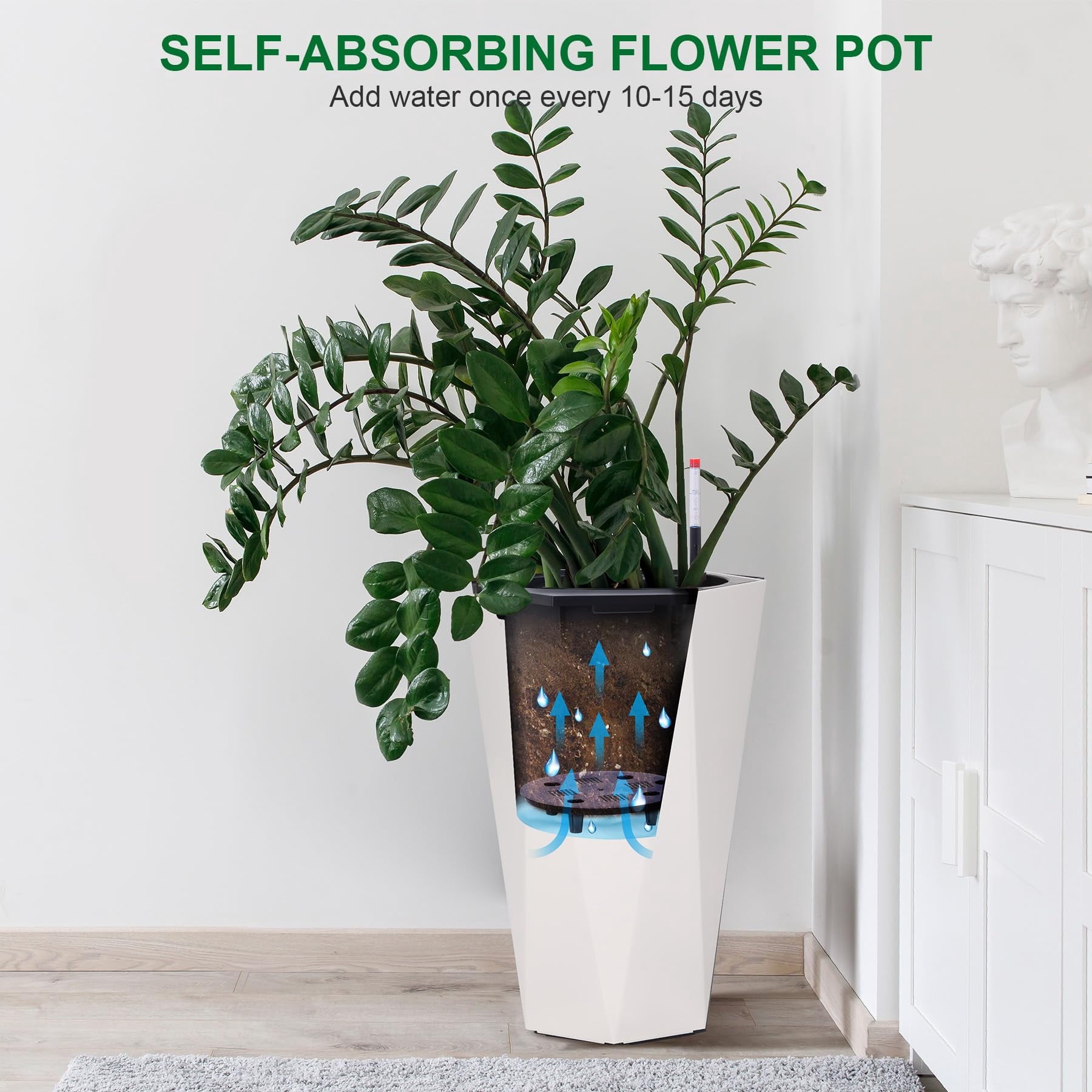 23 Inch Tall Outdoor Planters Set of 2, Self Watering Pots for Indoor Plants with Water Level Monitor & Drainage Hole & Wheels, Large Planter Pots for Garden, Patio, Balcony, White