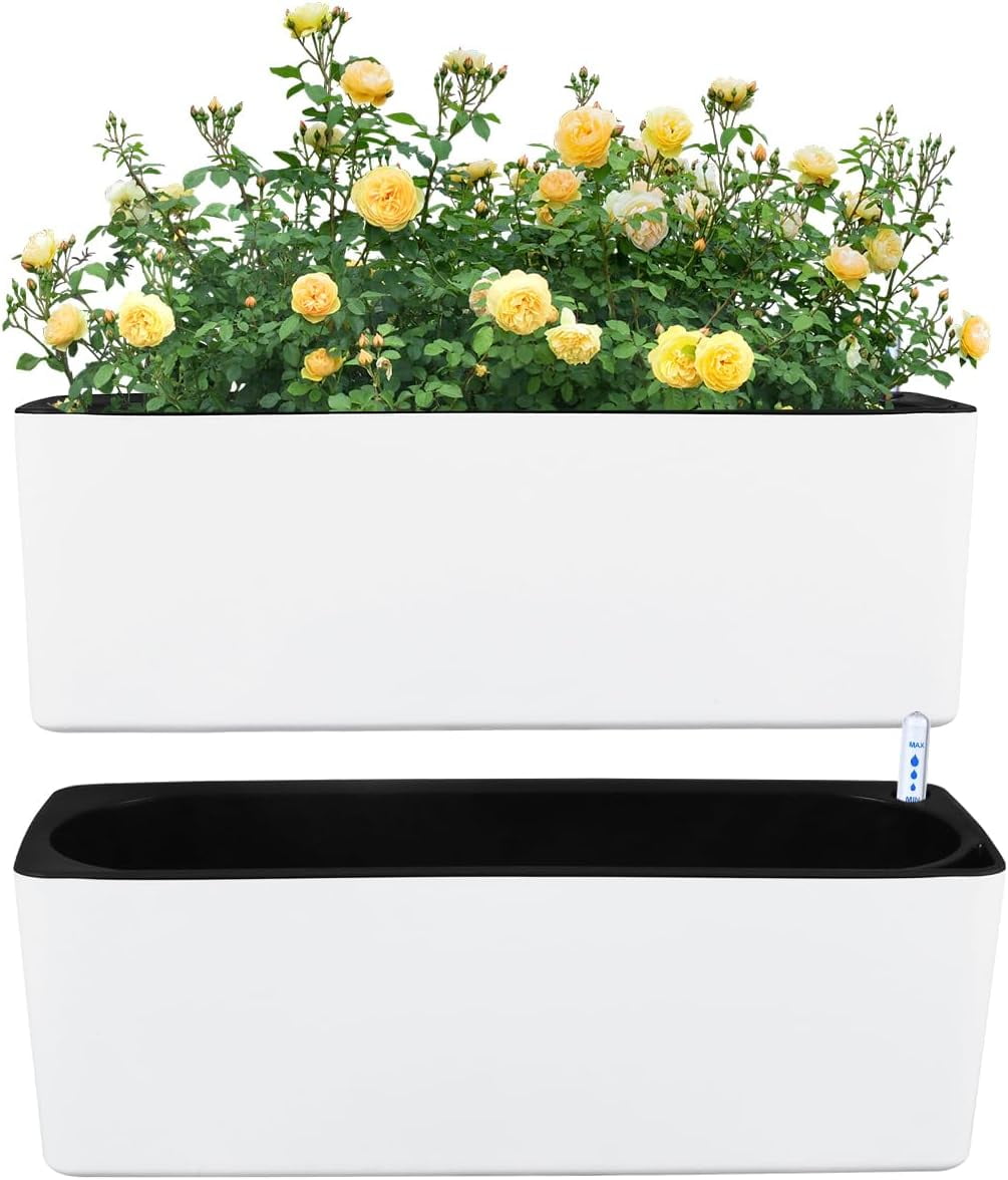 2 Pack Rectangular Self Watering Planters 15.6 x 5.4 in Indoor Plastic Window Sill Plant Pots with Drainage Holes Black
