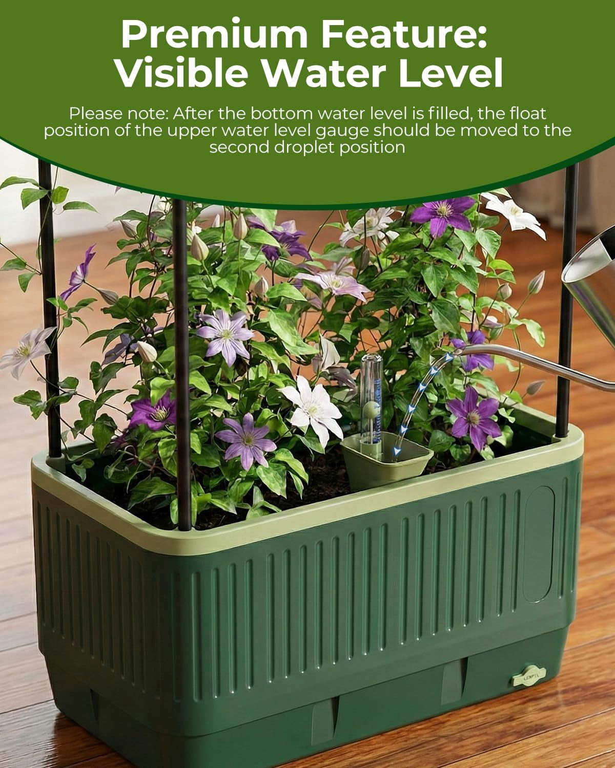 51" Self Watering Planter Box with Trellis, Tomato Cage with Water Level Indicator, Indoor Outdoor Raised Garden Bed