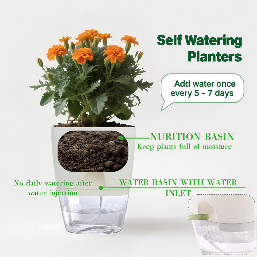6Inch Self Watering Planter Pots 4 Pack Plant Pot for Indoor Wicking Flower Pots Plant Pots Modern Decorative Planter for House Plants,Herbs,Indoor Outdoor Plant (White)