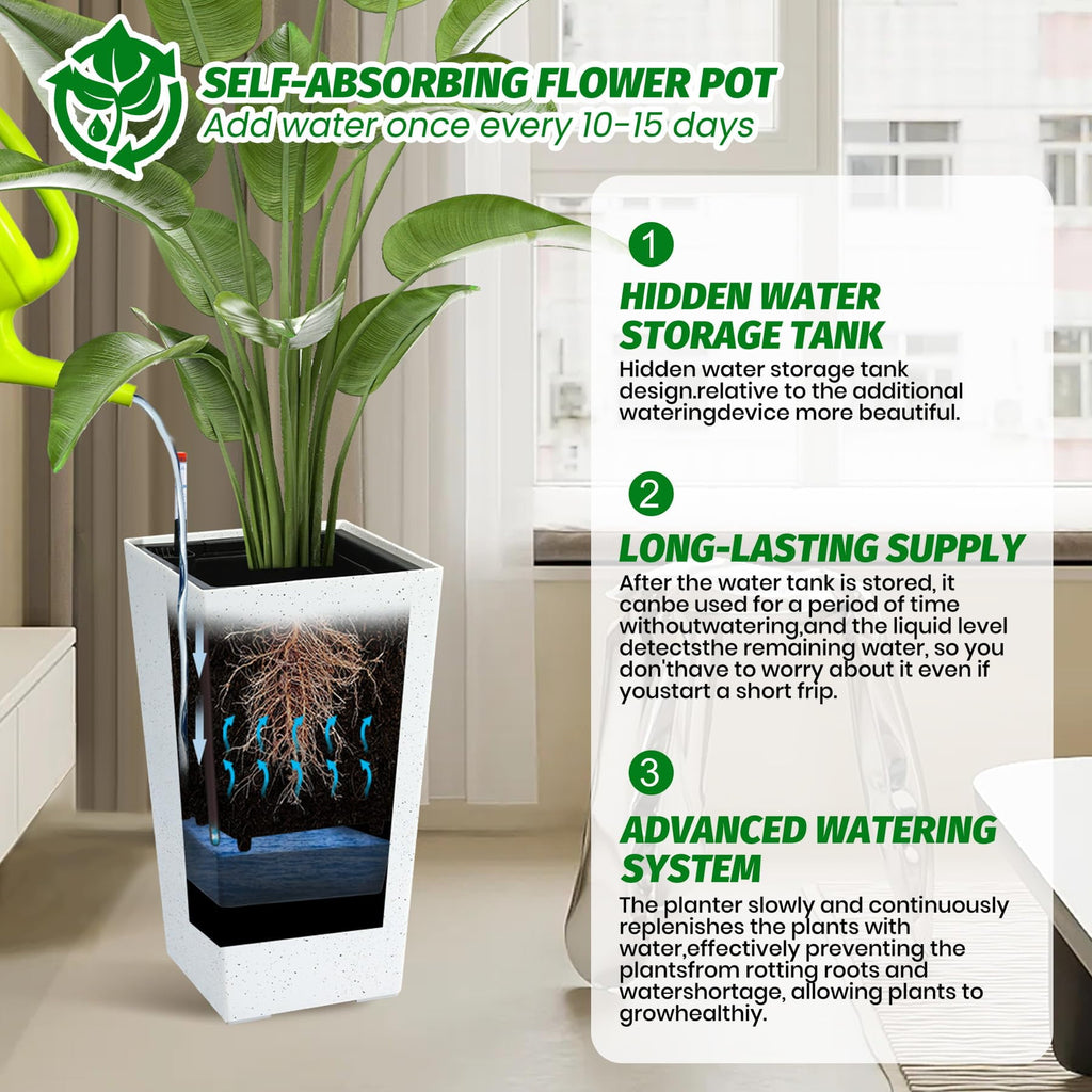 Large Indoor Plant Pot Set of 2, Self Watering Plant Pot, High Front Porch Planter Pots with Drainage Holes＆Water Level Monitor Movable Wheels ＆Inner Bucket, Automatic Watering