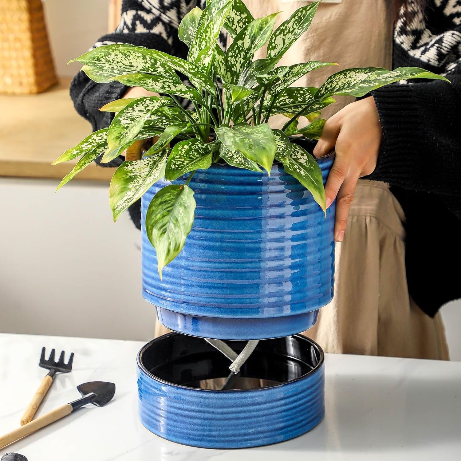 Large Self Watering Plant Pot, 8 Inch Porcelain Planter with Drainage Hole and Water Storage Plus for Outdoor & Indoor House Plants and Garden, Round Flower Pots for Home or Office Decor, Blue
