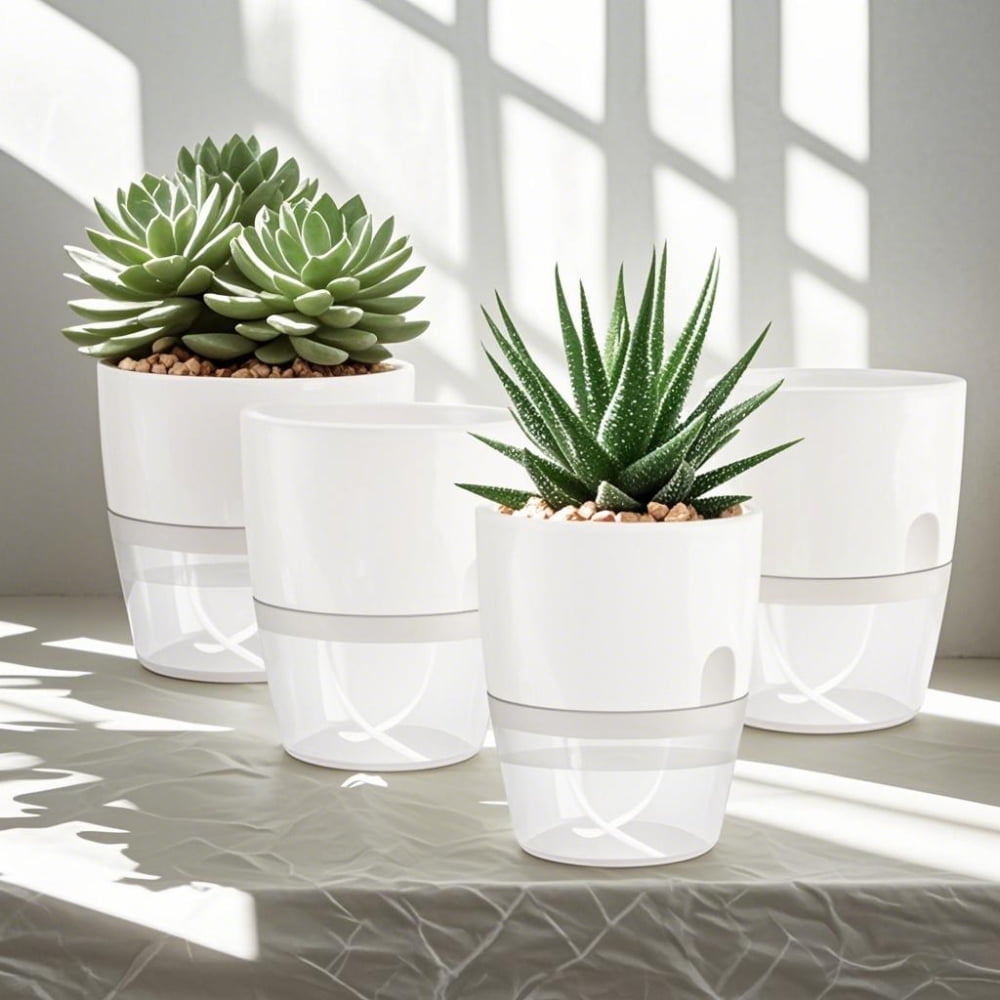 6Inch Self Watering Planter Pots 4 Pack Plant Pot for Indoor Wicking Flower Pots Plant Pots Modern Decorative Planter for House Plants,Herbs,Indoor Outdoor Plant (White)