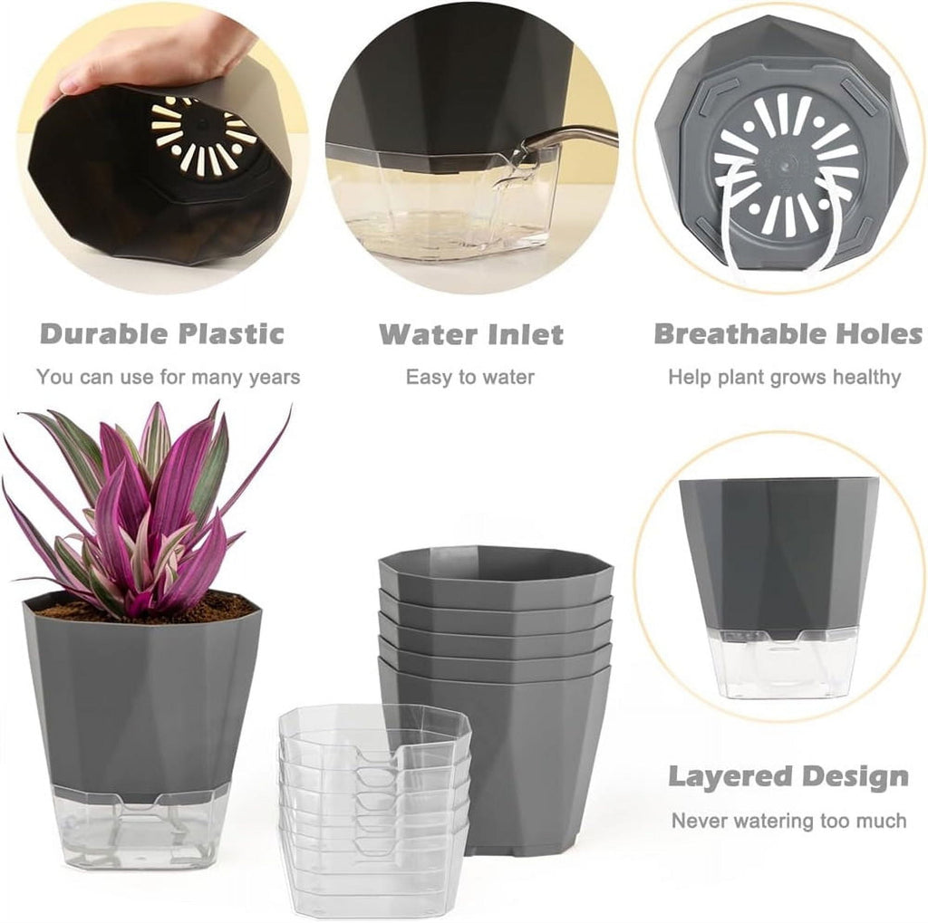 NOGIS 4 Pack Self Watering Plant Pots 5" Self Watering Planters for Indoor and Outdoor Plants African Violet Self Watering Pots Clear Pots for Houseplant Pots, Dark Grey (4Pcs 5Inch)