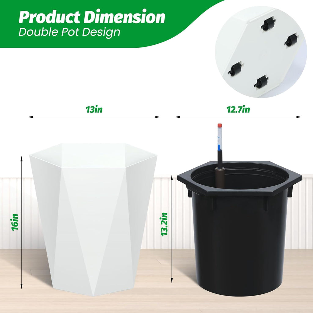 Riedhoff 16" Tall Self-Watering Planter Pots Set of 2, Water Level Monitor, Drainage Holes, White