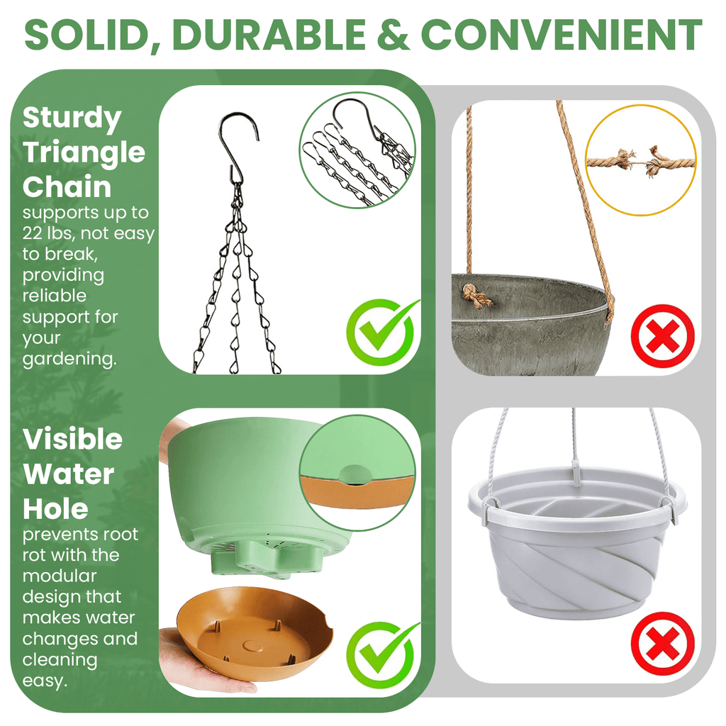 Diigabo 3-Pack Self-Watering Hanging Planters with Drainage Hole, 8.3" Flower Pots with Chains & Hooks for Indoor Outdoor Balcony Garden Patio Décor(Green)