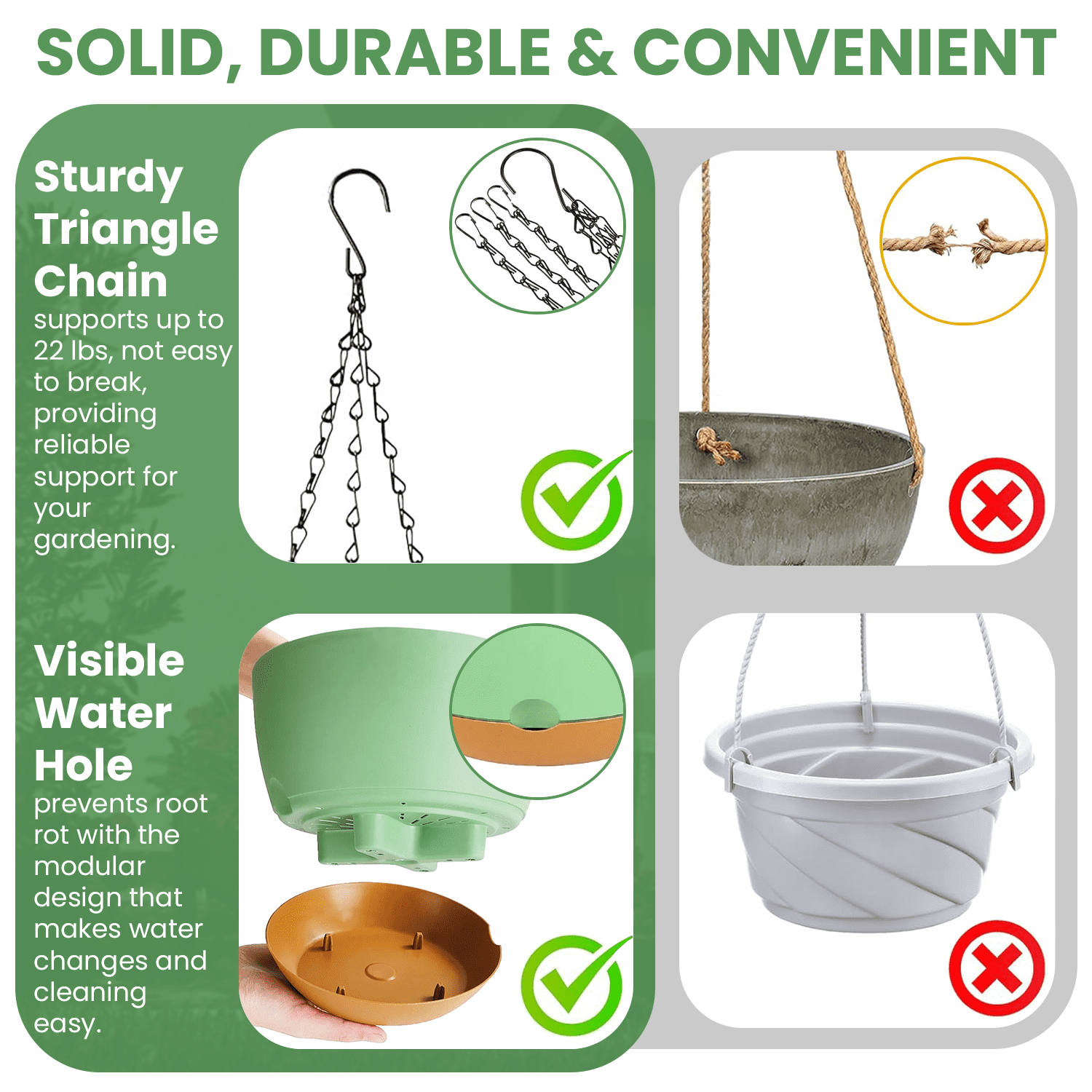 Diigabo 3-Pack Self-Watering Hanging Planters with Drainage Hole, 8.3" Flower Pots with Chains & Hooks for Indoor Outdoor Balcony Garden Patio Décor(Green)