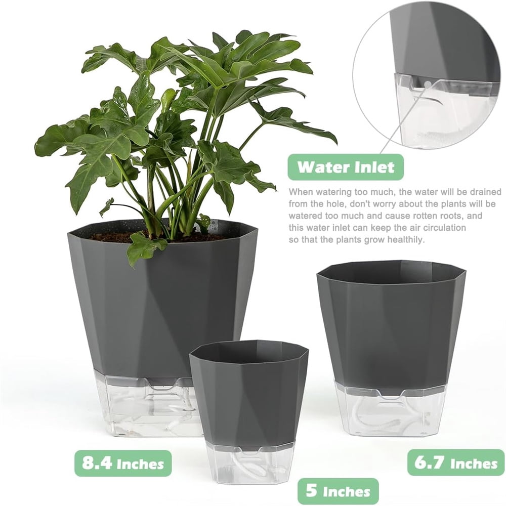 NOGIS 4 Pack Self Watering Plant Pots 5" Self Watering Planters for Indoor and Outdoor Plants African Violet Self Watering Pots Clear Pots for Houseplant Pots, Dark Grey (4Pcs 5Inch)