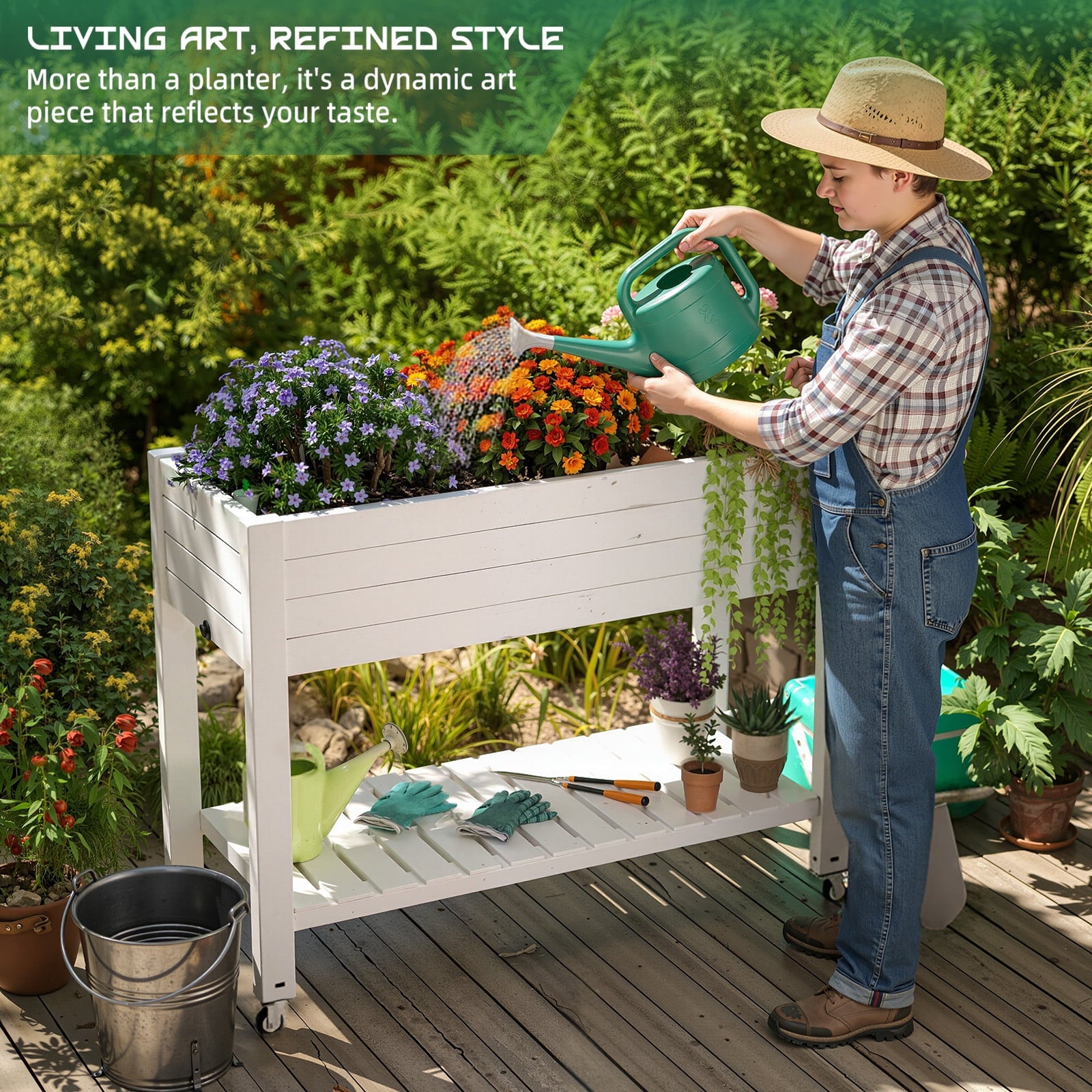 Fazzn 21‑Gallon Raised Garden Bed – Elevated Outdoor Planter Box with Self‑Watering Reservoir, Water Gauge & Drainage System, Perfect for Herbs & Vegetables, Black/White/Brown