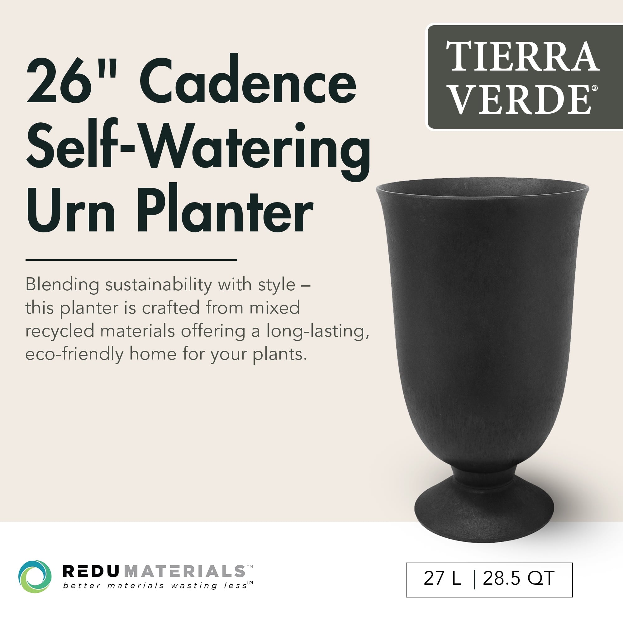 Tierra Verde Cadence Self Watering Urn Planter 14"W x 23"H, Black