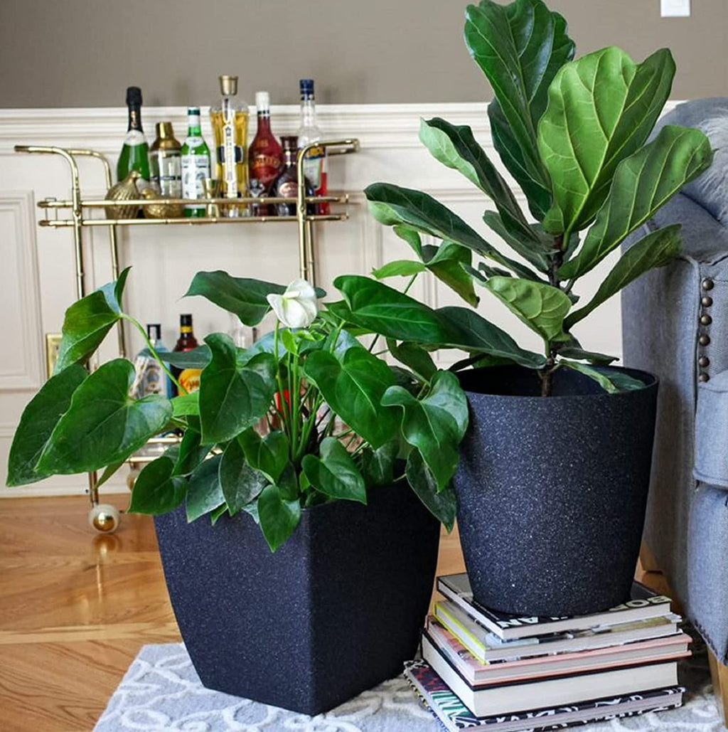 The HC Companies 12 Inch Santa Fe Round Self Watering Planter - Decorative Lightweight Plant Pot with Drainage Hole for Indoor Outdoor Use, Black Sand 12" Black Sand