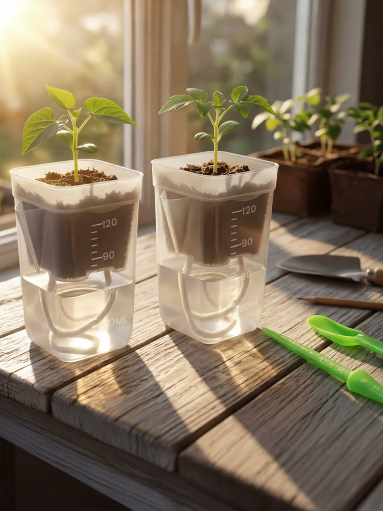 12 Pack 2" Mini Self Watering Pots for Indoor Plants Small Clear Plastic Planters Alocasia Corm Propagation African Violet Cutting Seeding Water Level Indicator Drainage Hole 12 Plant Label