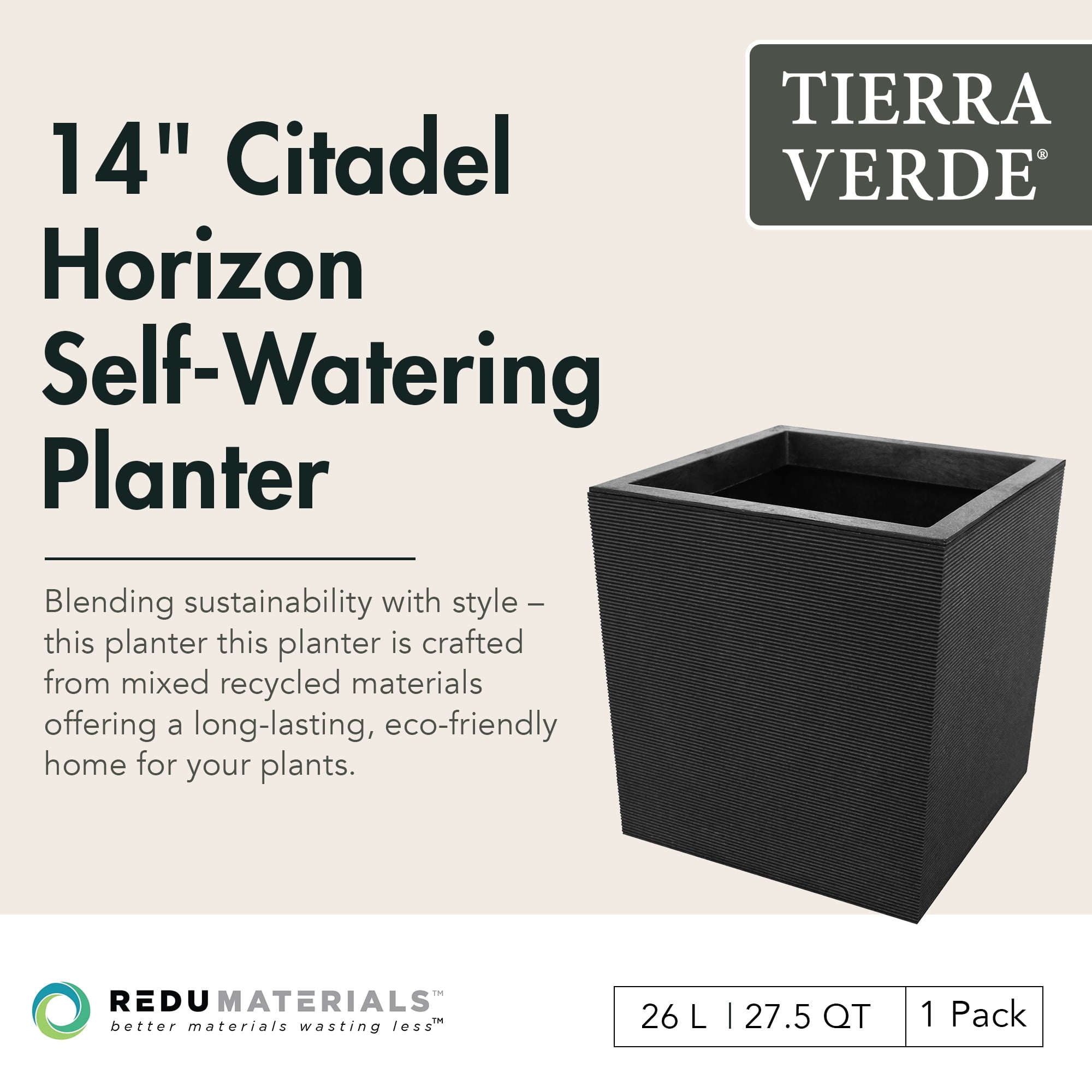 Tierra Verde Citadel Horizon Self Watering Square Planter 13.5"W x 14"H"