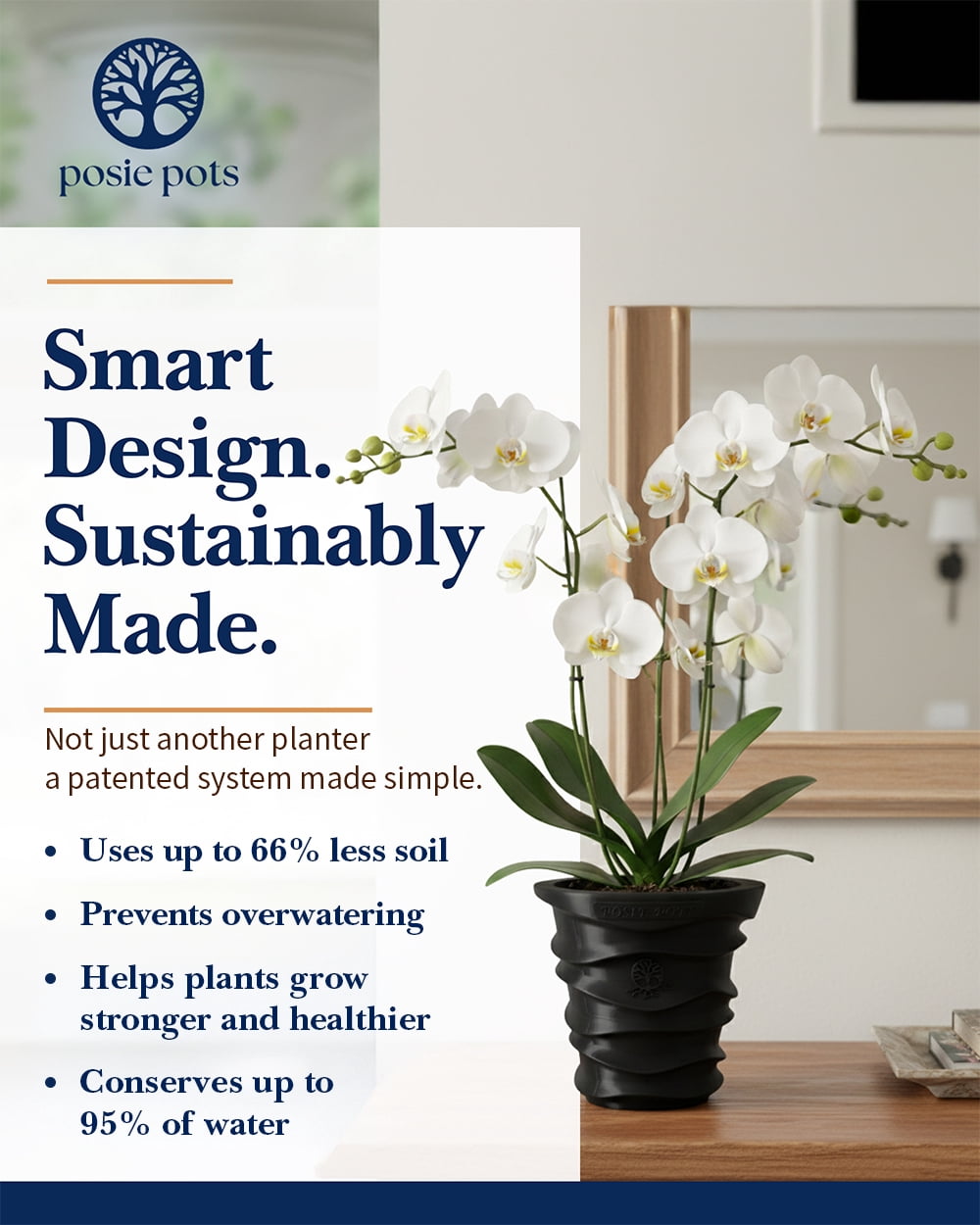Posie Pot 7 inch, Large, Black Wave Self Watering Planter, 3D printed
