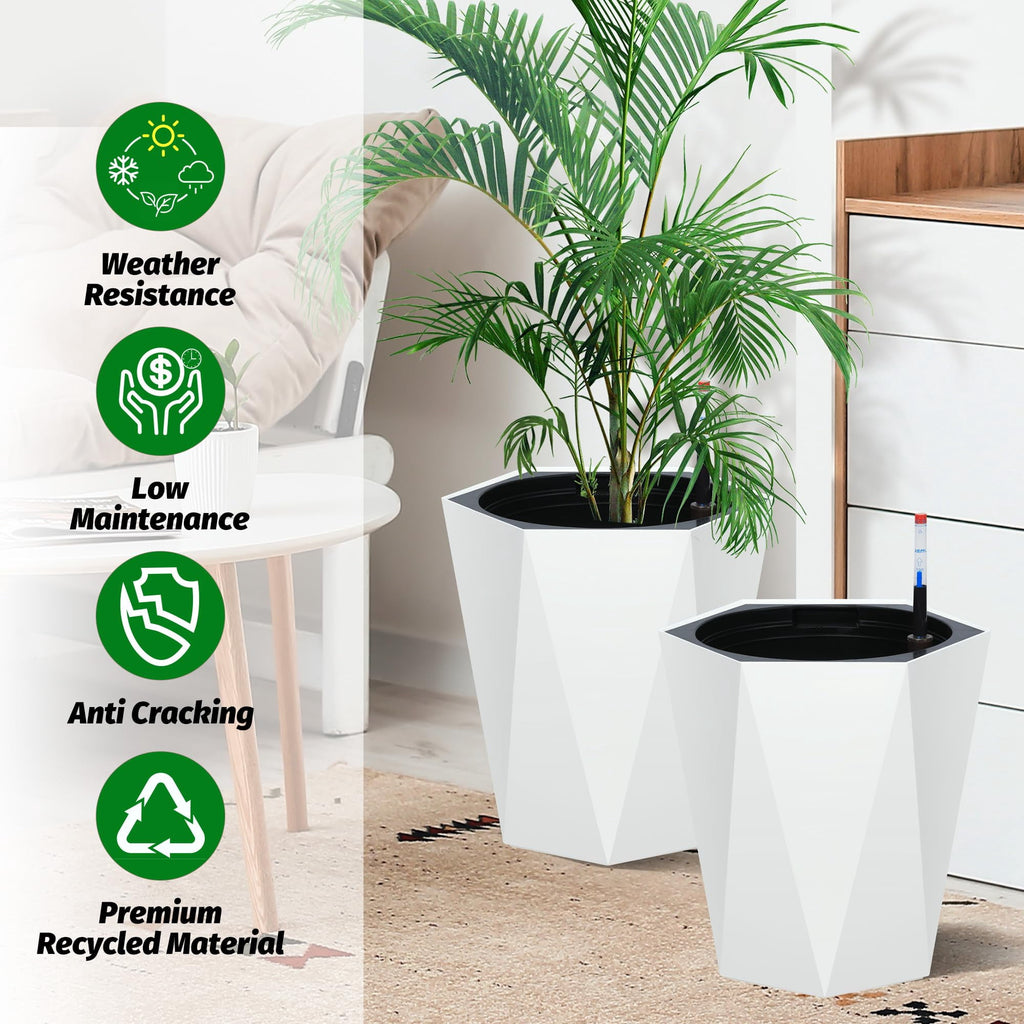 Kojooin 16 Inch Tall Diamond Planters Set of 2, Self Watering Planters with Water Level Monitor and Wheels, Flower Pots Outdoor and Indoor for Patio, Porch, Living Room, Home Office